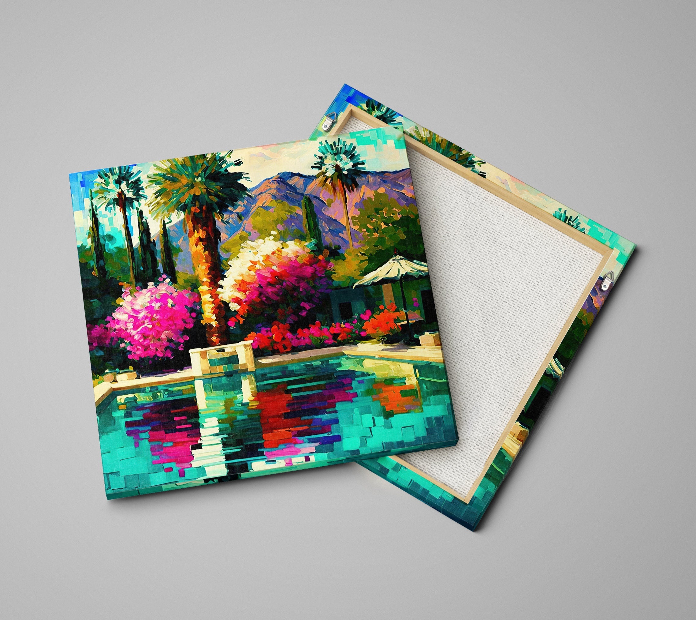 Palm Springs Canvas Print - Vibrant Colorful Pool Scene Painting on Gallery-Ready Canvas