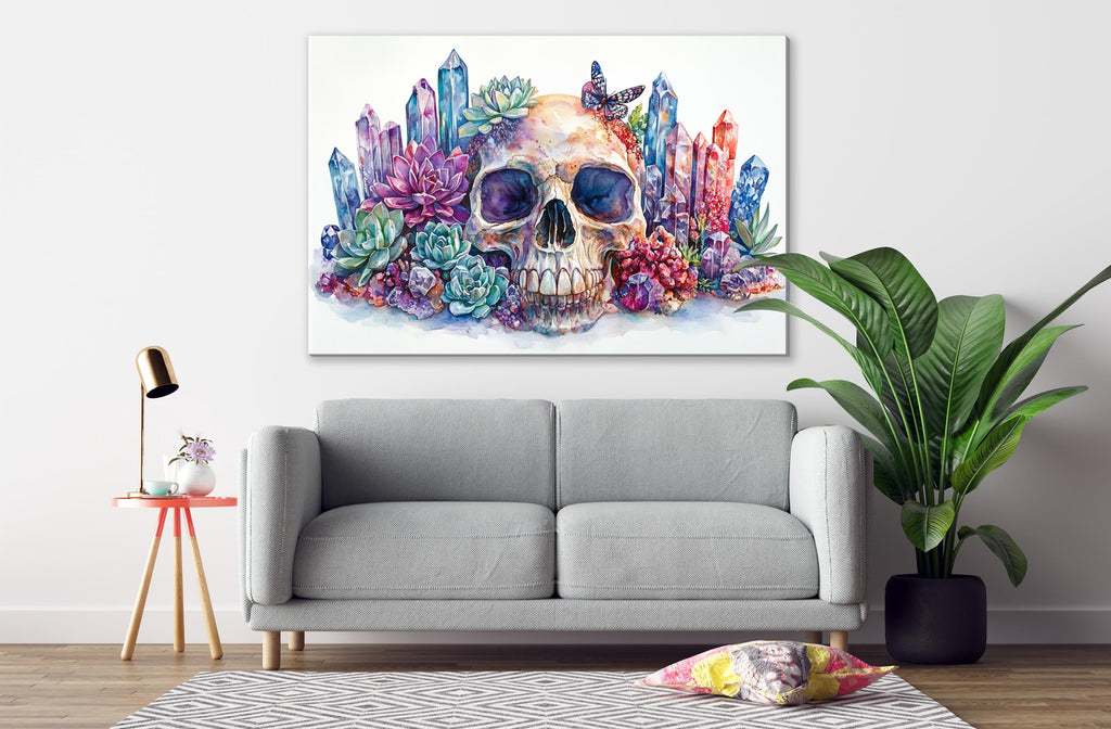 a gray sofa in a living room with a large painting of a skull surrounded by colorful crystals and plants hanging on the wall above it.