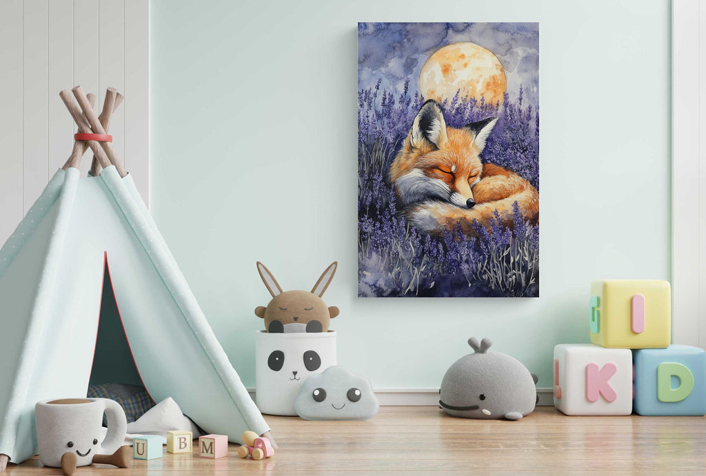 A cozy children's bedroom with a teepee, stuffed animals, and a painting of a sleeping fox in a field of lavender.