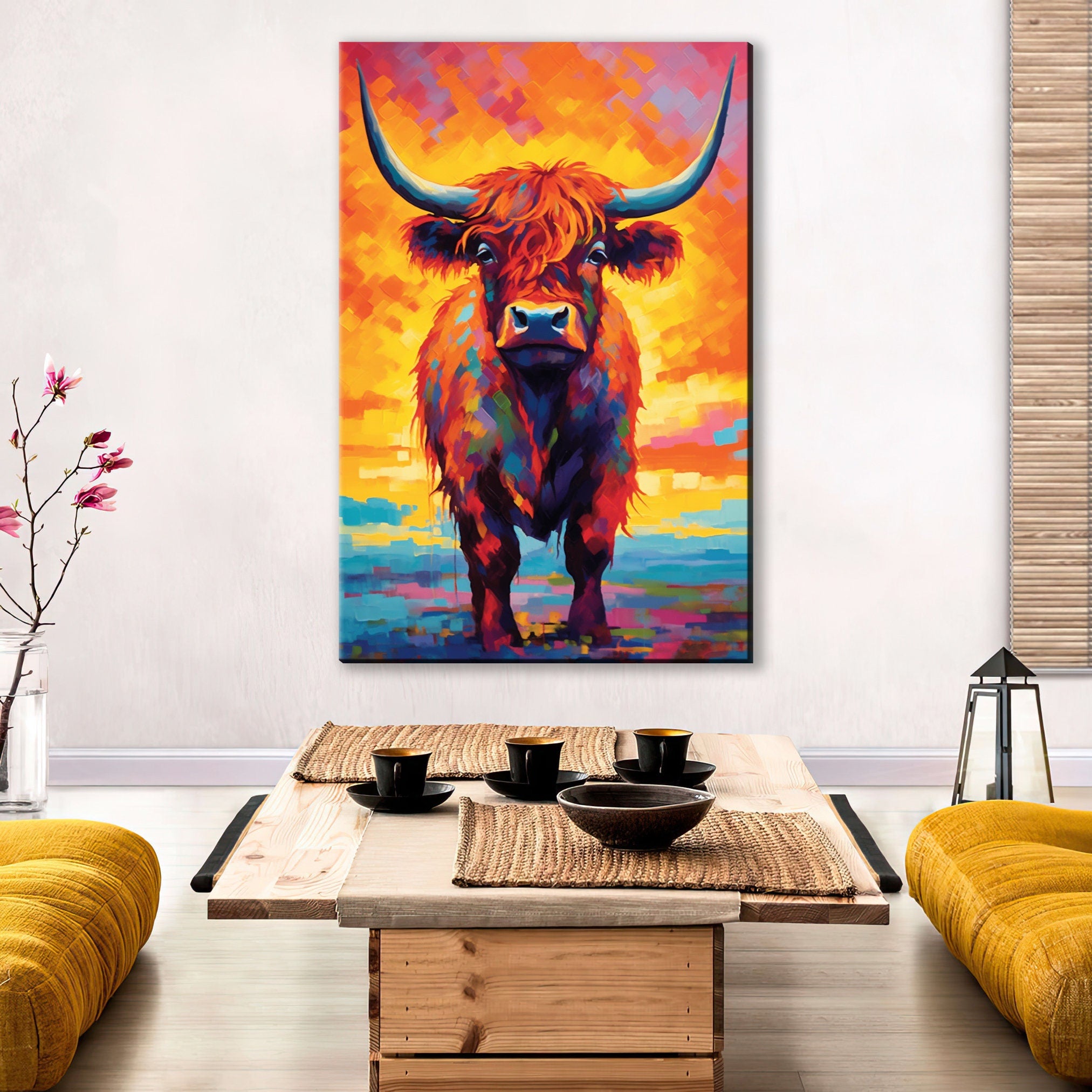 Highland Cow Canvas – Large Farmhouse Wall Art | Rustic Scottish Decor