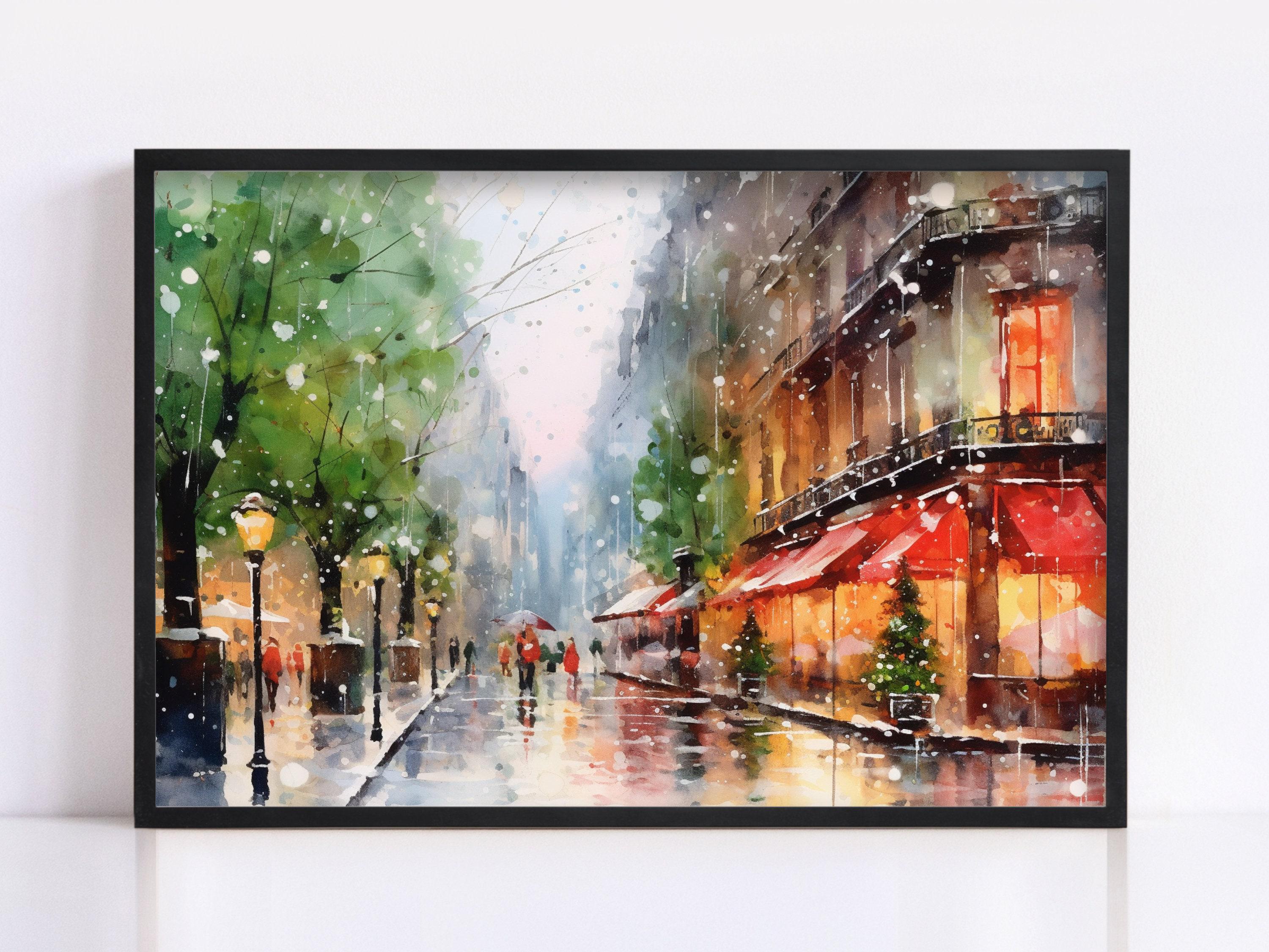 Snowy Christmas Town Watercolor - Rustic Holiday Decor, Print on Canvas, Artist Paper, Watercolor Paper, Available in Extra Large Sizes