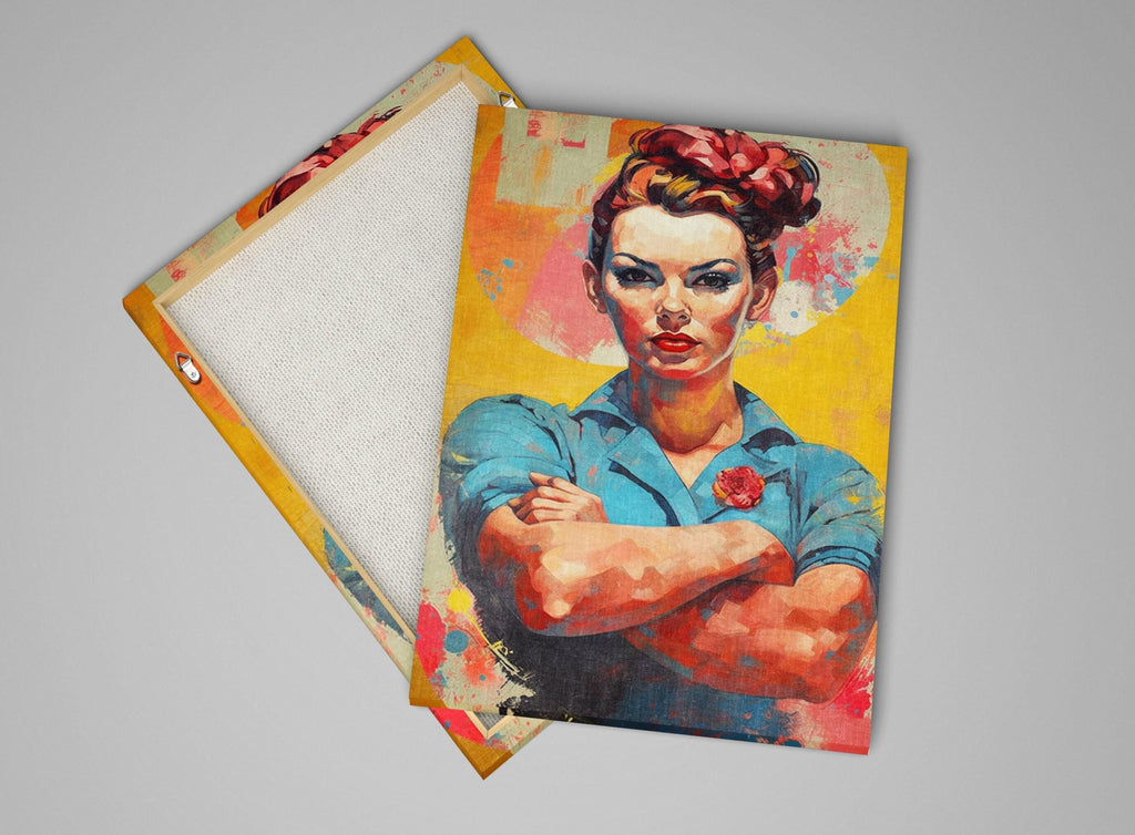 The image is a vibrant and colorful painting depicting a woman with a determined expression, wearing a blue shirt and a red flower in her hair.