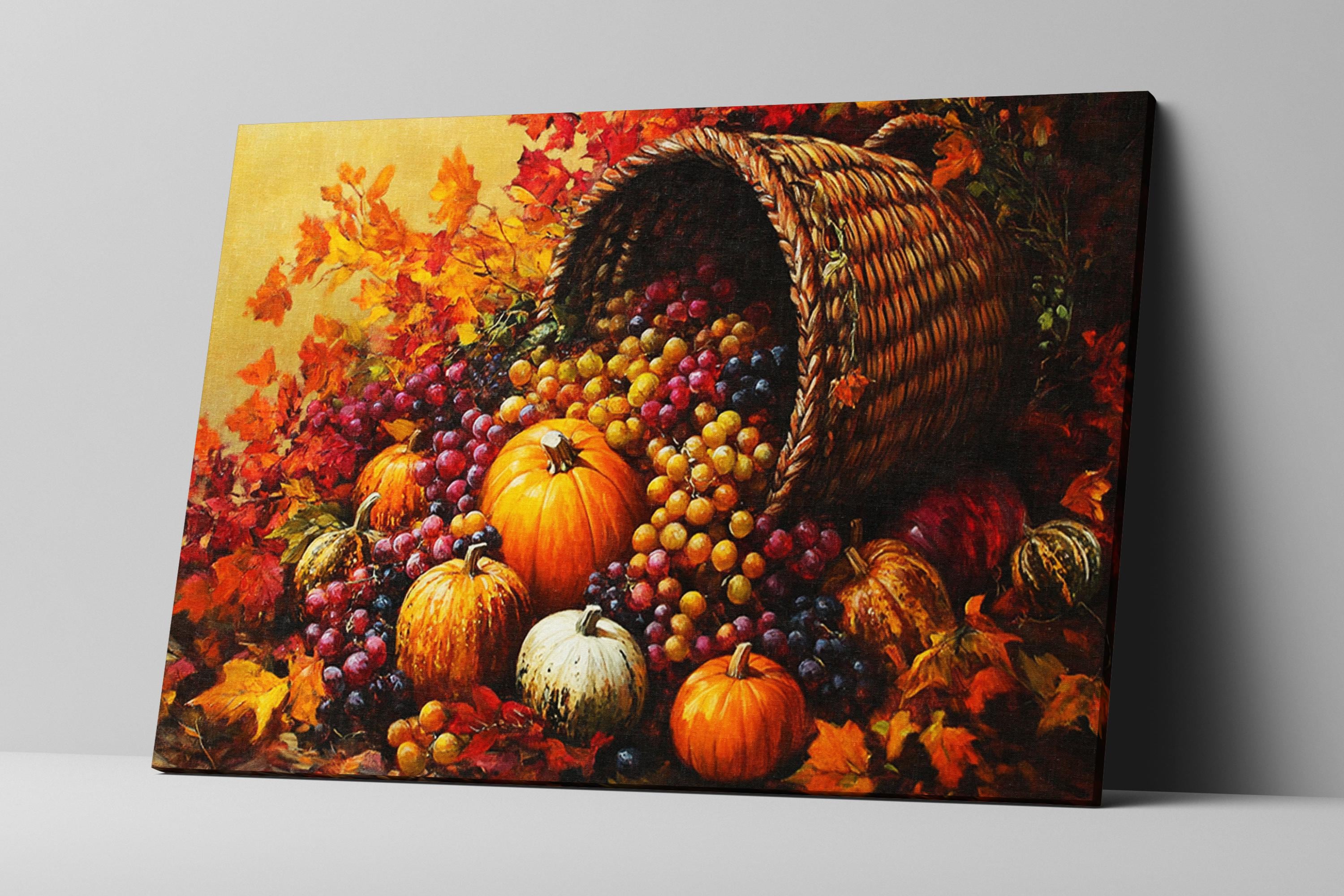 a basket overflowing with a variety of fruits, including pumpkins, grapes, and apples, set against a backdrop of autumn leaves.