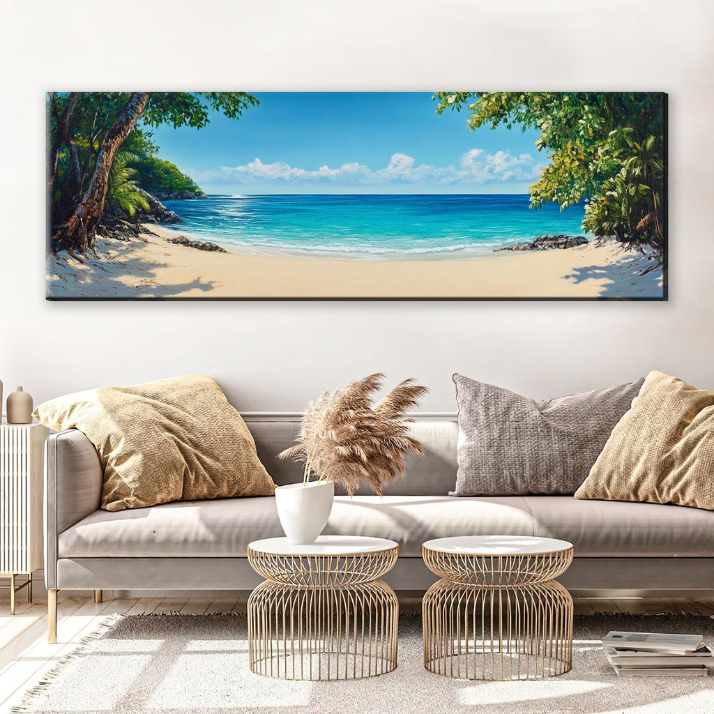 a living room with a couch and a painting on the wall