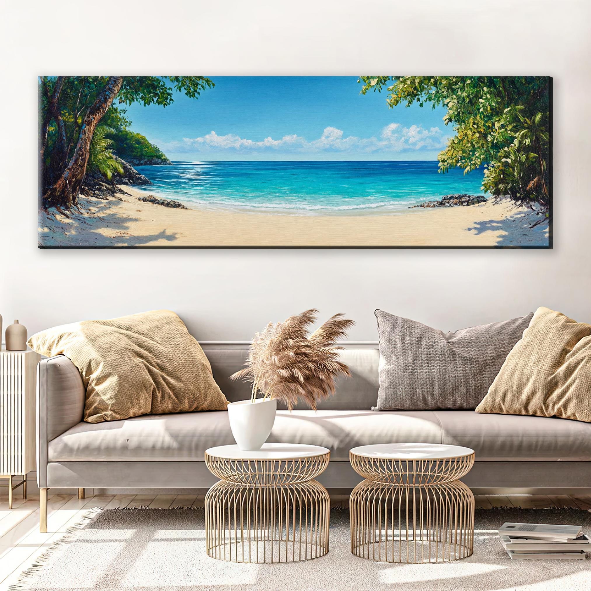 a living room with a couch and a painting on the wall