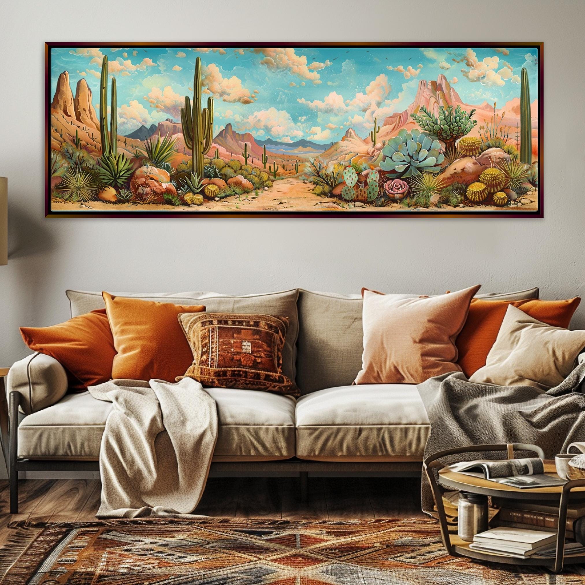 a living room with a couch and a painting on the wall
