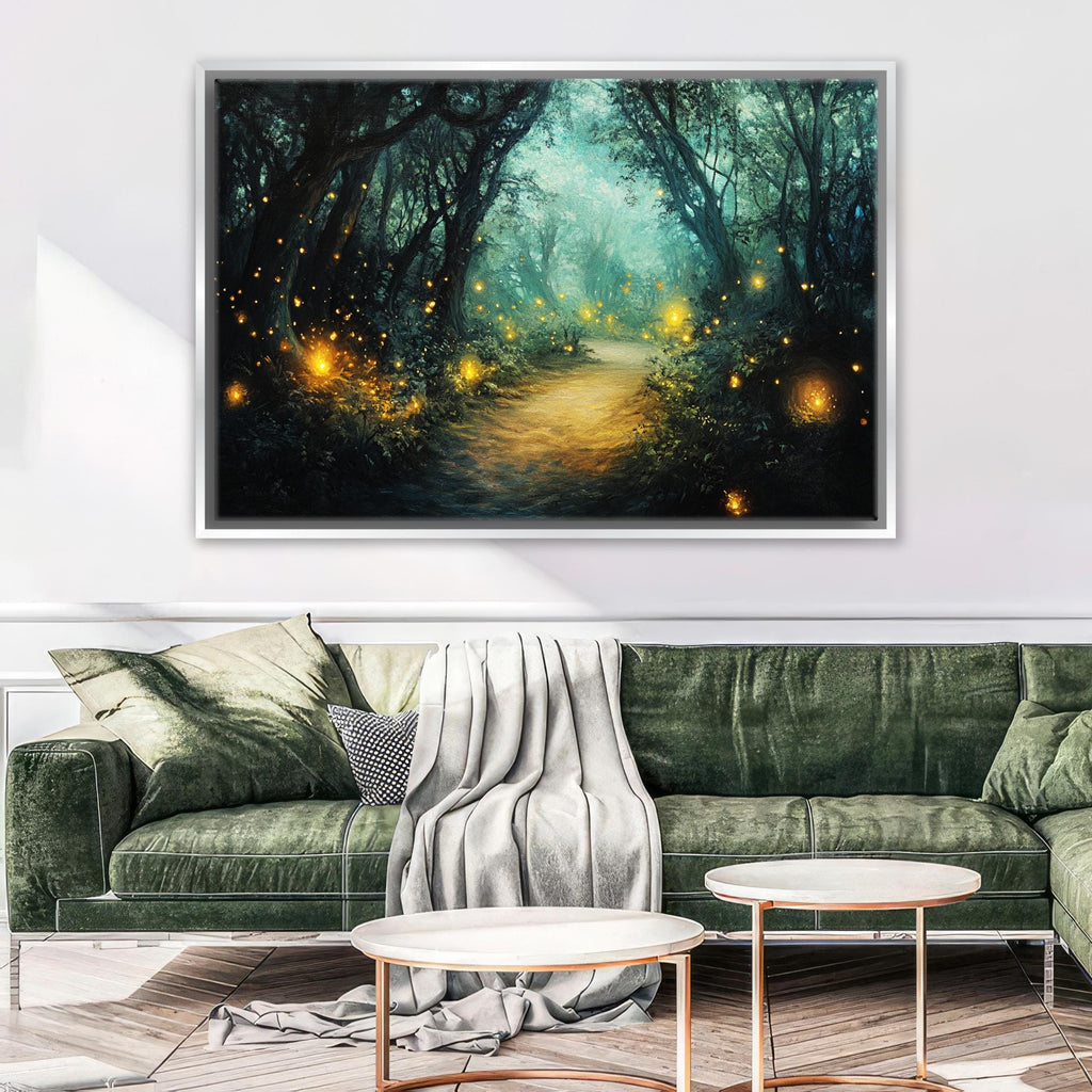 a living room with a green couch and a painting on the wall