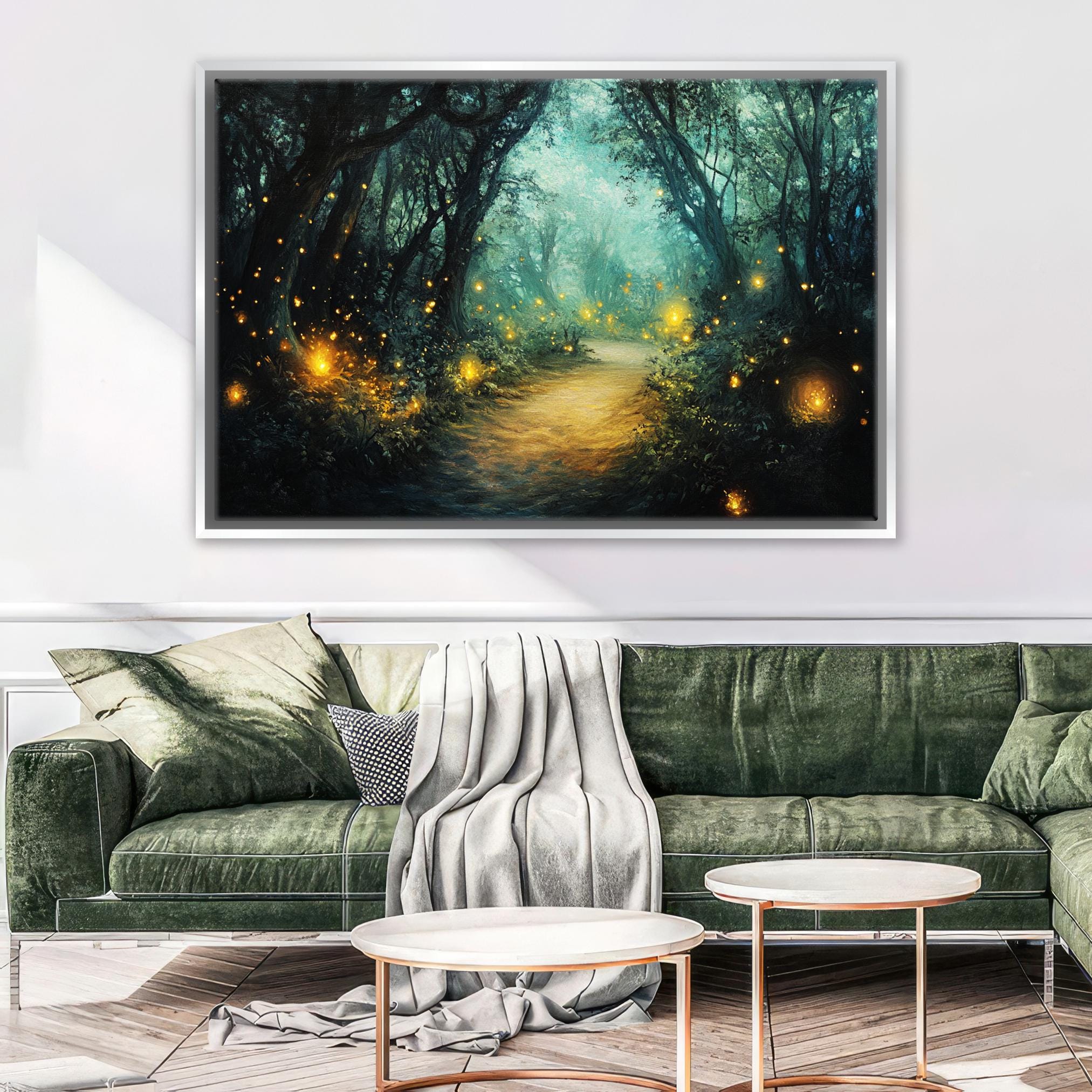 a living room with a green couch and a painting on the wall