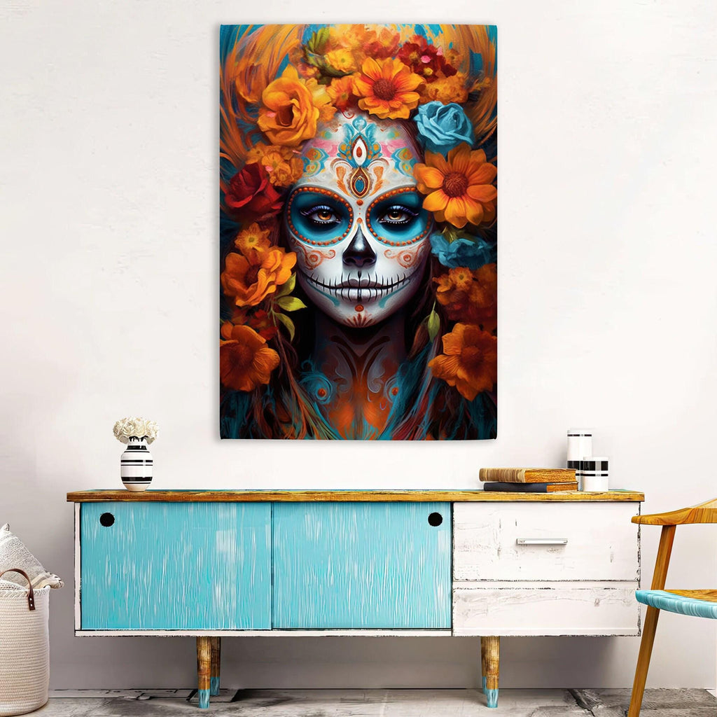 Sugar Skull Wall Art – Dia De Los Muertos Art | Large Floral Skull Canvas Print