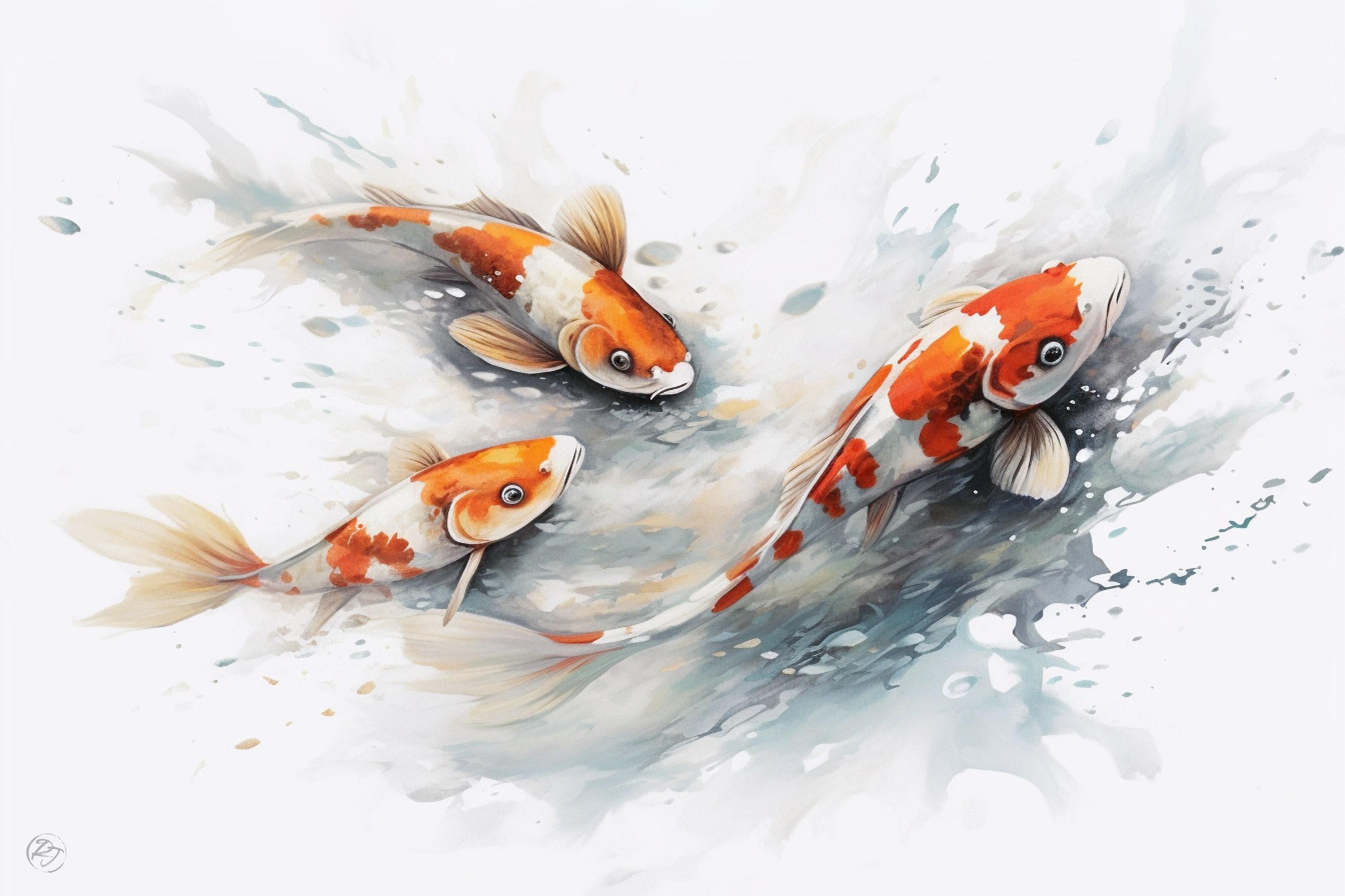 Serene Koi Fish Watercolor Wall Art - Giclee Print on Canvas, Artist Paper, Watercolor Paper, Available in Extra Large Sizes