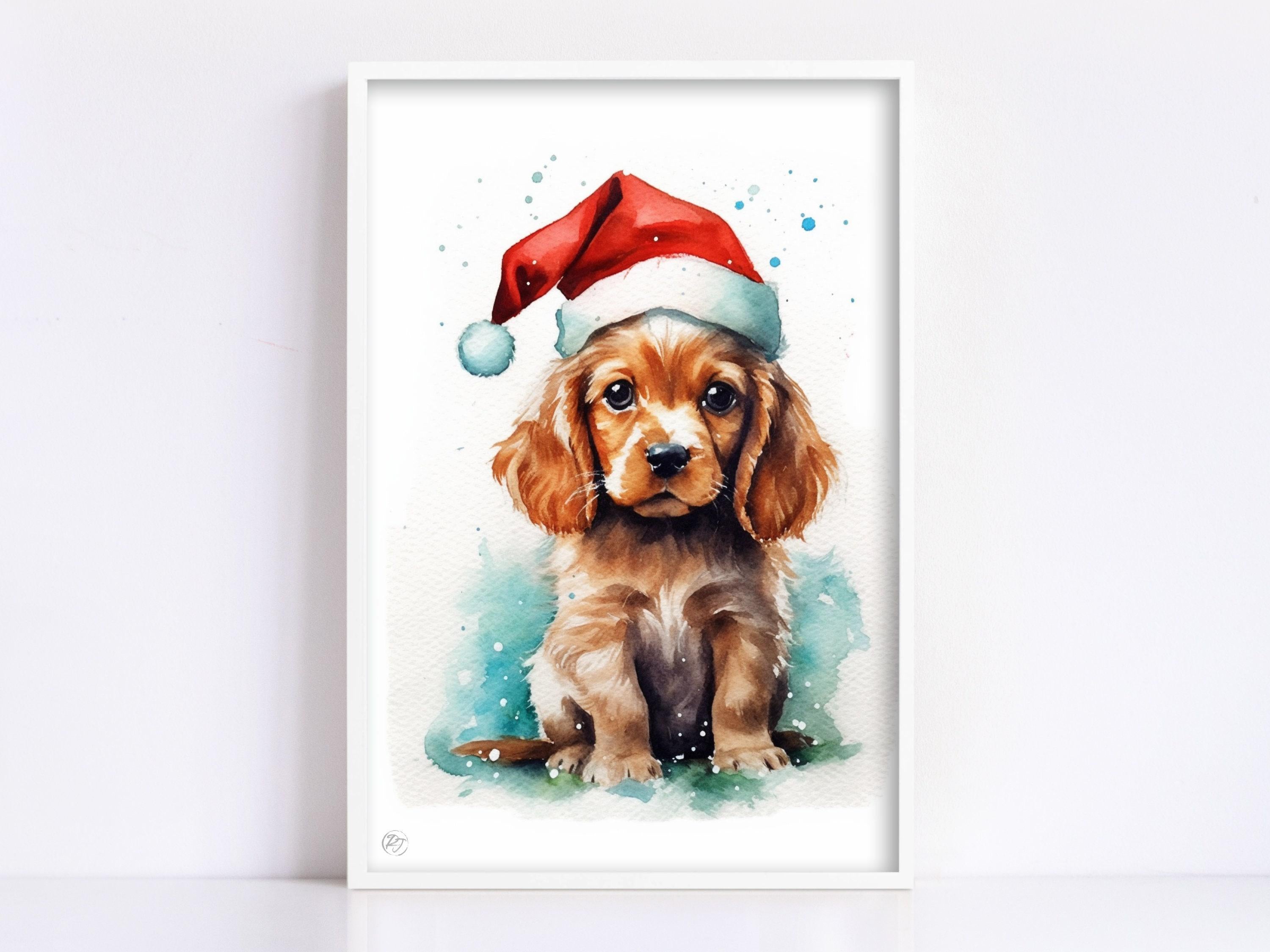 Festive Puppy Portrait - Watercolor Dog in Santa Hat, Giclee Print on Canvas, Artist Paper, Watercolor Paper, Available in Extra Large Sizes