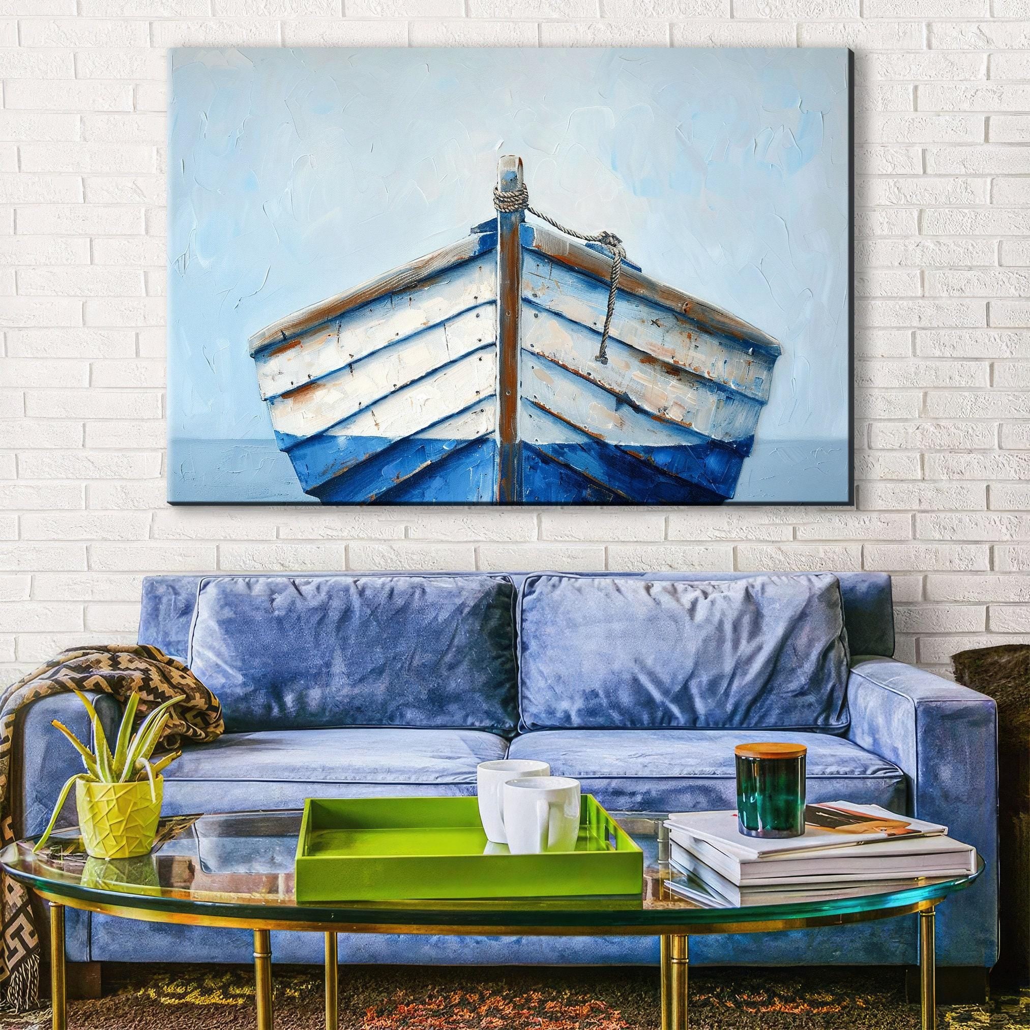 Blue White Wooden Boat - Nautical Wall Art | Large Gallery Wrapped Canvas Print