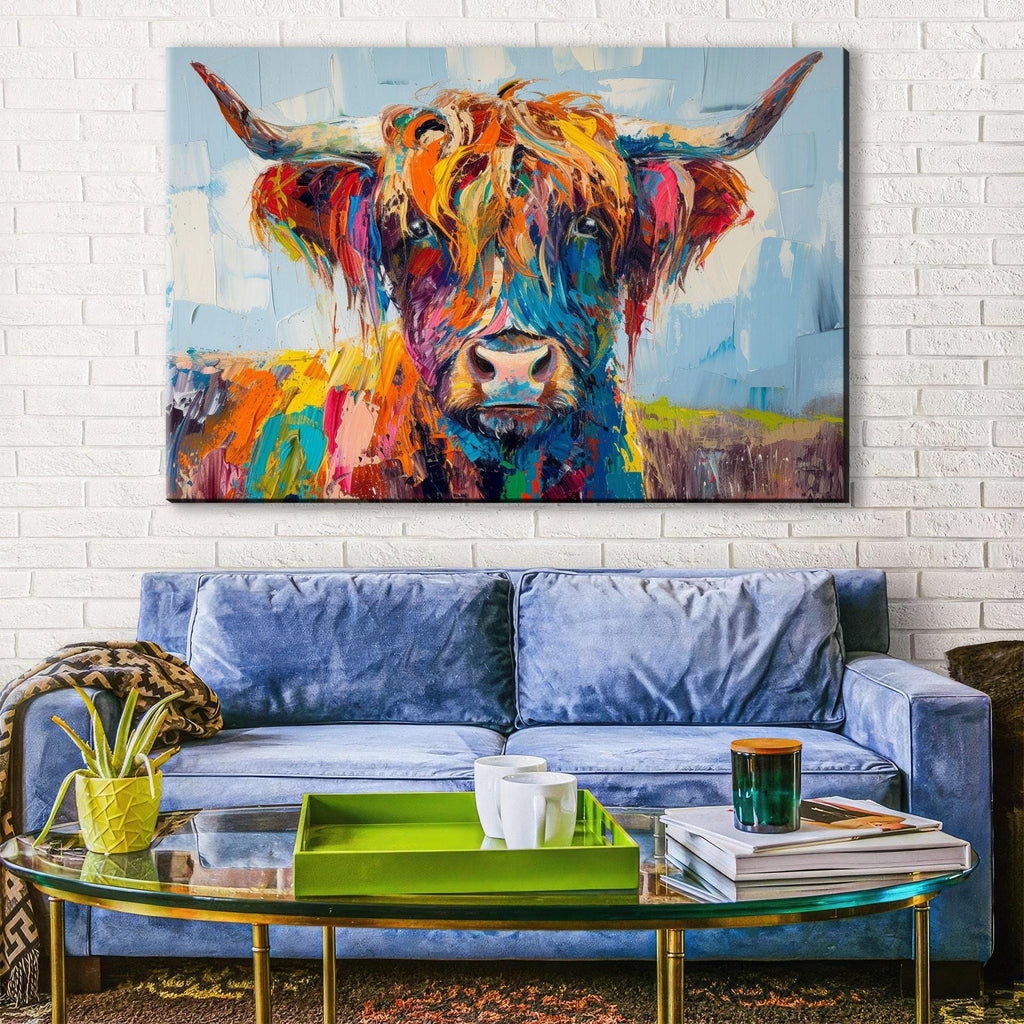 Highland Cow Canvas - Rustic Farmhouse Wall Art | Extra Large Gallery Wrapped Print