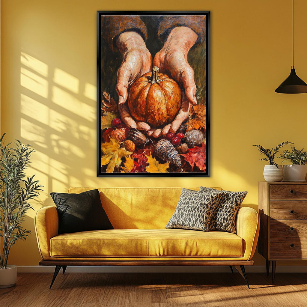 A large painting of a pair of hands holding a pumpkin is displayed on the wall above a yellow couch with decorative pillows.