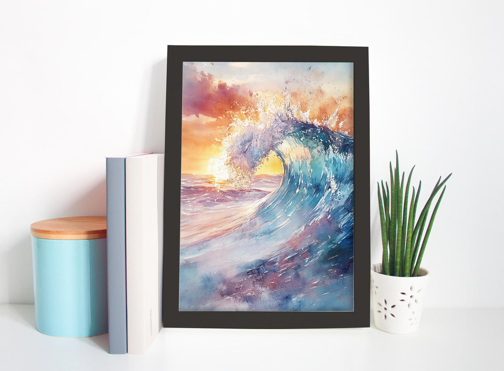 a framed painting of a crashing wave, with a vibrant sunset in the background. The painting is displayed on a white wall, and there are a few decorative items placed around it, including a blue container, a white vase, and a plant.