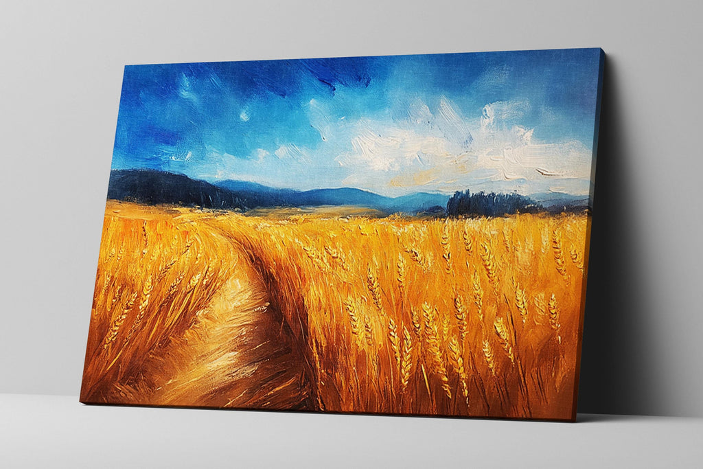 The image is a painting depicting a vast golden wheat field under a blue sky with clouds.