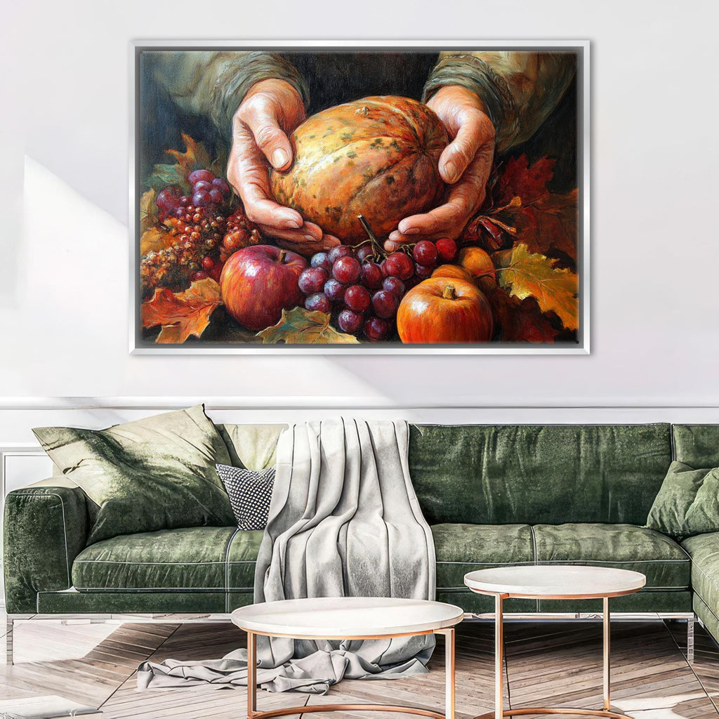 A large painting of a hand holding a pumpkin surrounded by various fruits, including apples, grapes, and an orange, is displayed on the wall above a green couch in a living room setting.