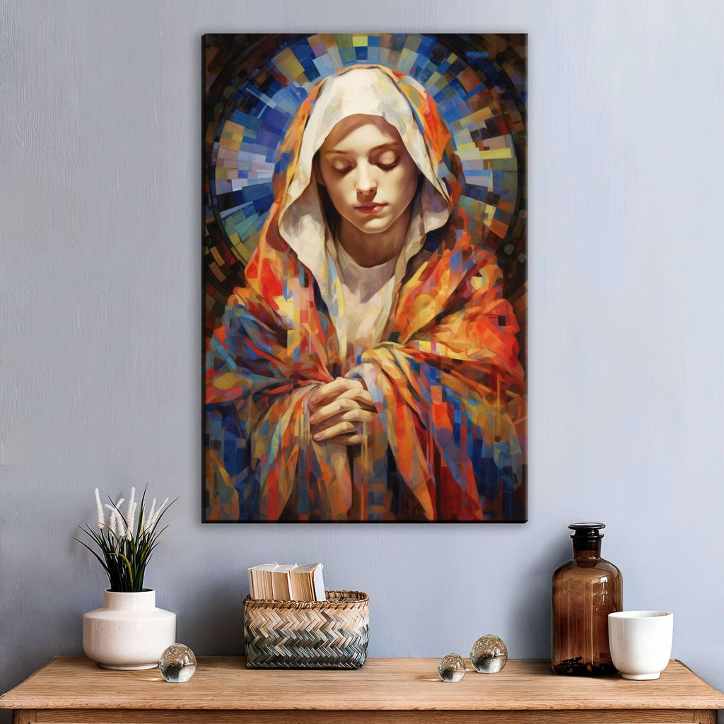 Virgin Mary Canvas Art – Large Gallery Wrapped Canvas with Soft Hues & Wood Frame