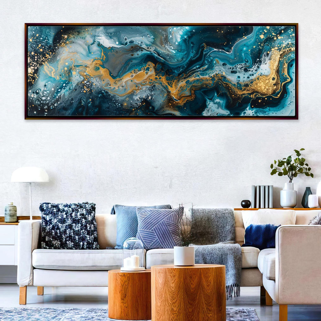 a living room filled with furniture and a painting on the wall