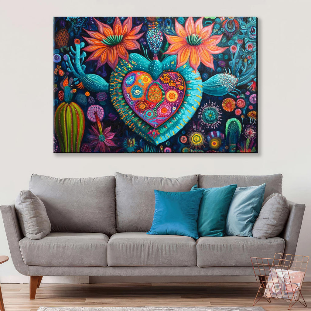 a painting of a heart surrounded by flowers and cacti