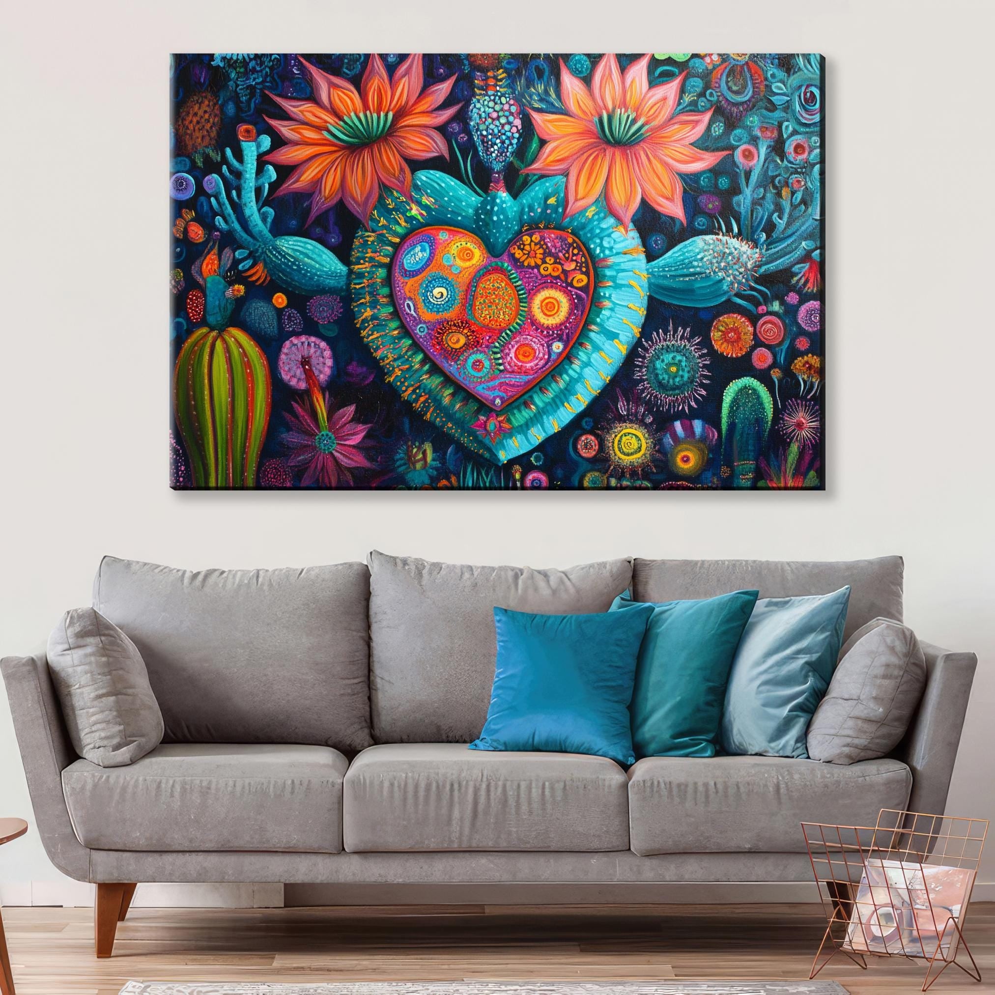 a painting of a heart surrounded by flowers and cacti