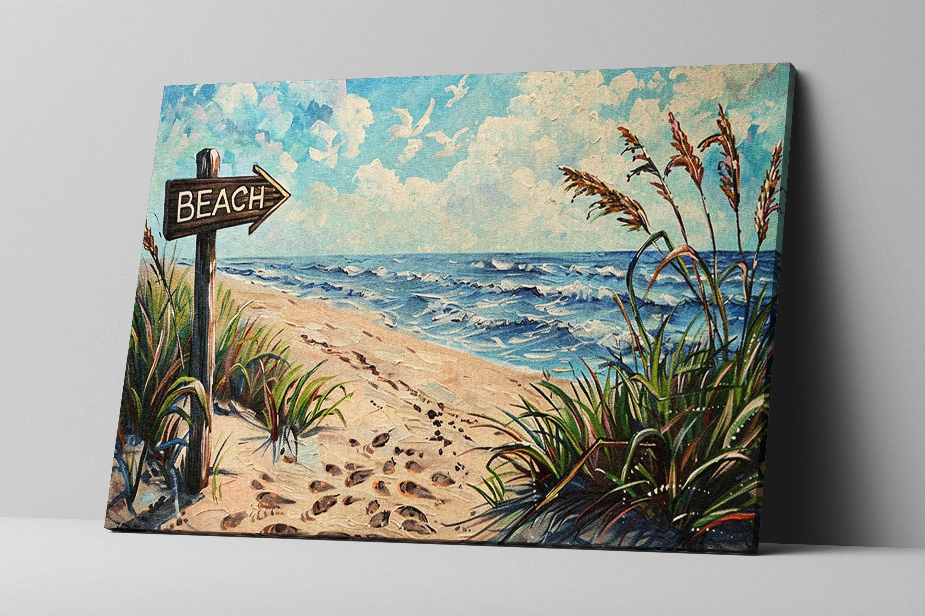 Beach Sign Wall Art – Coastal Wall Art on Gallery Wrapped Canvas, Large Sandy Shore Picture
