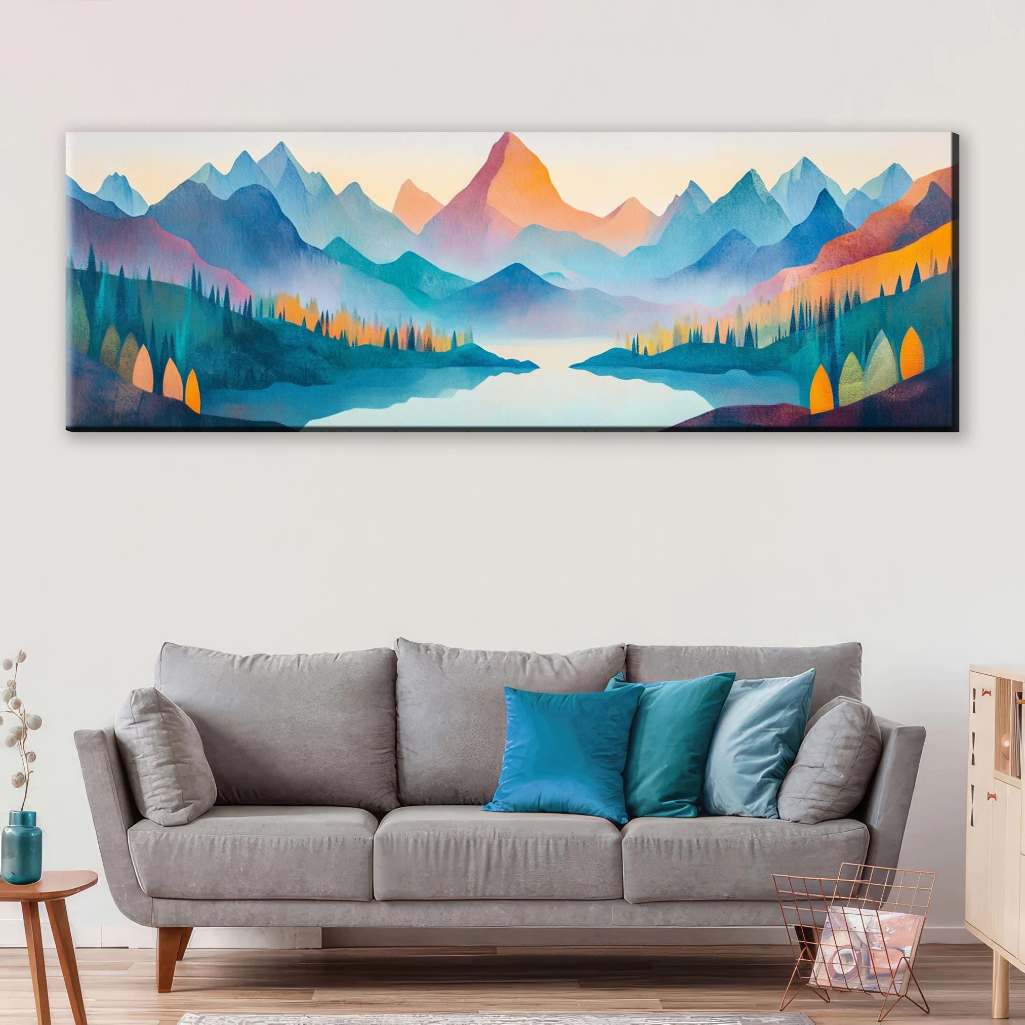 a living room with a couch and a painting on the wall