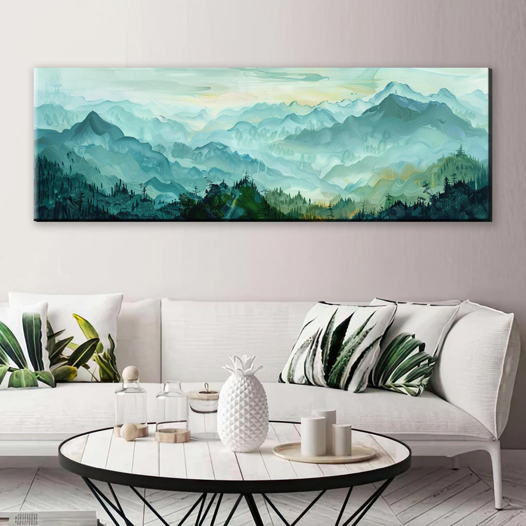Panoramic Mountain Canvas - Large Wall Art | Framed Canvas Art, Green Blue Mountains