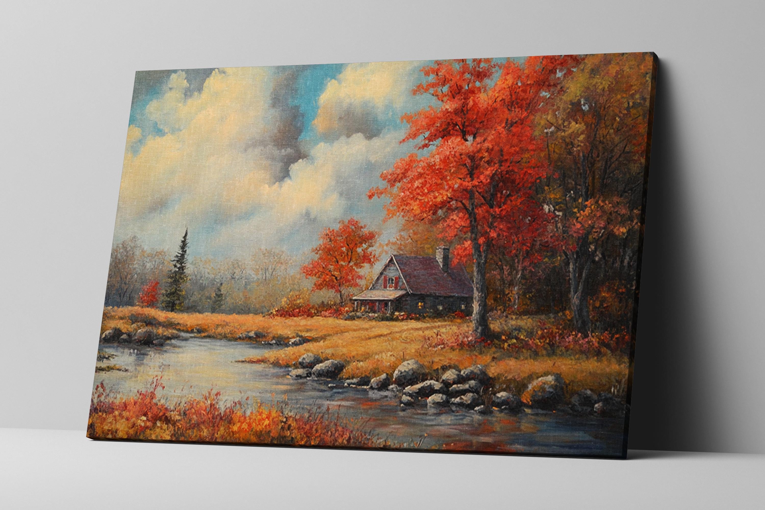 Fall Scene Wall Art – Extra Large Framed Canvas Print | Rustic Farmhouse Decor