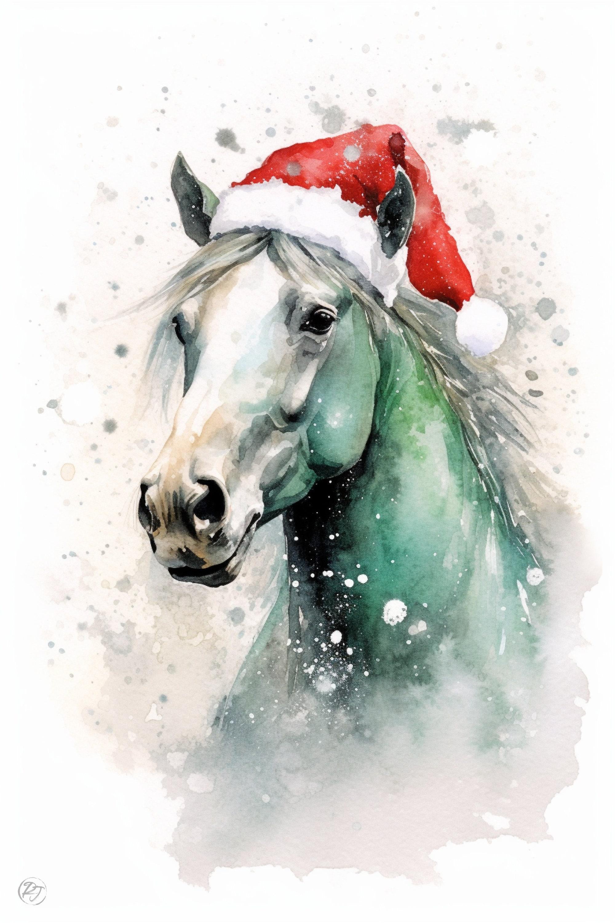 Festive Horse in Santa Hat Watercolor Art Print, Giclee Print on Canvas, Artist Paper, Watercolor Paper, Available in Extra Large Sizes