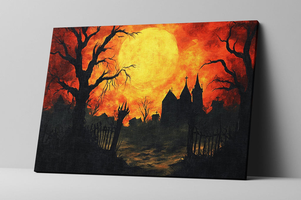 Halloween House Canvas - Extra Large Framed Gothic Wall Art | Orange Black Decor