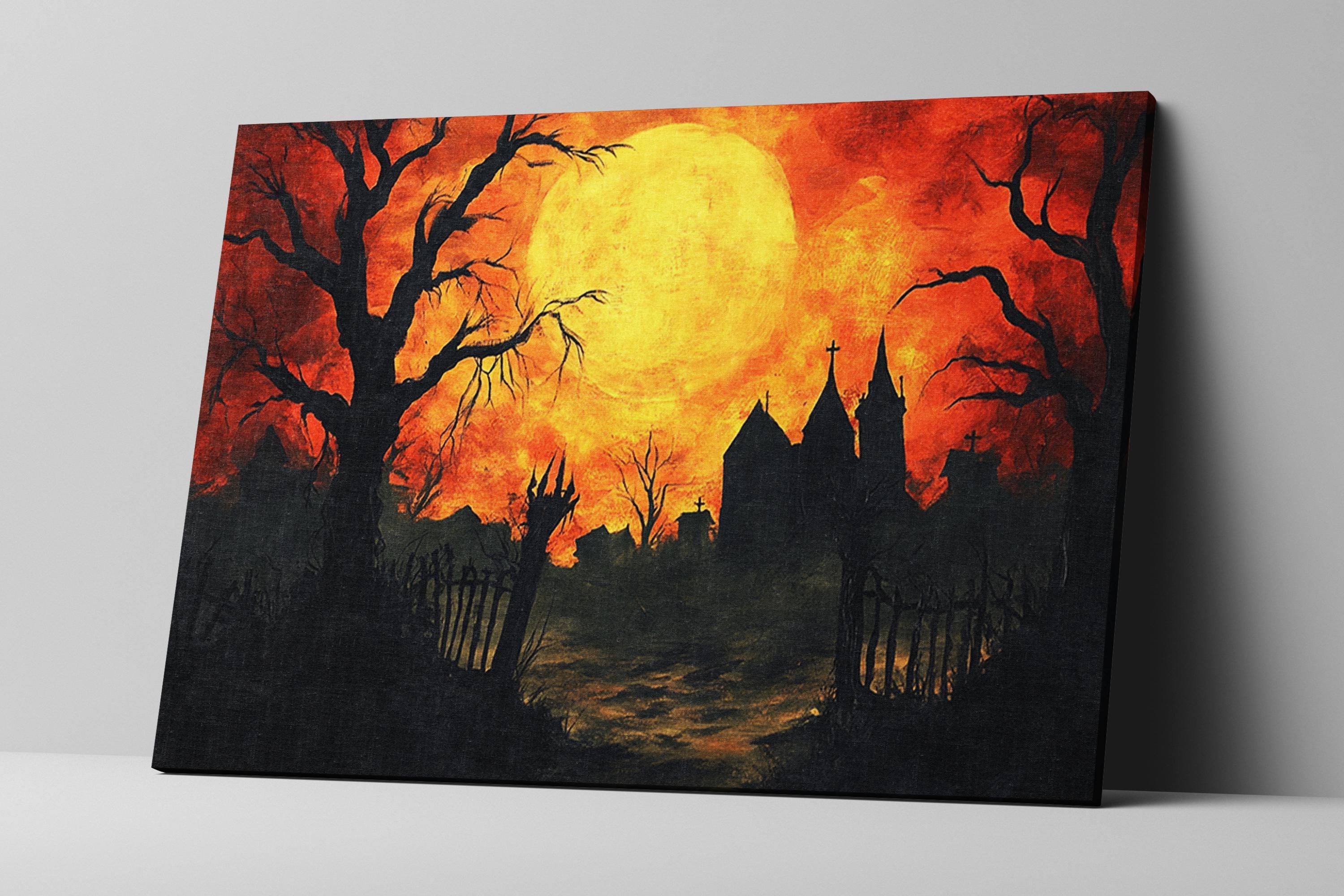Halloween House Canvas - Extra Large Framed Gothic Wall Art | Orange Black Decor