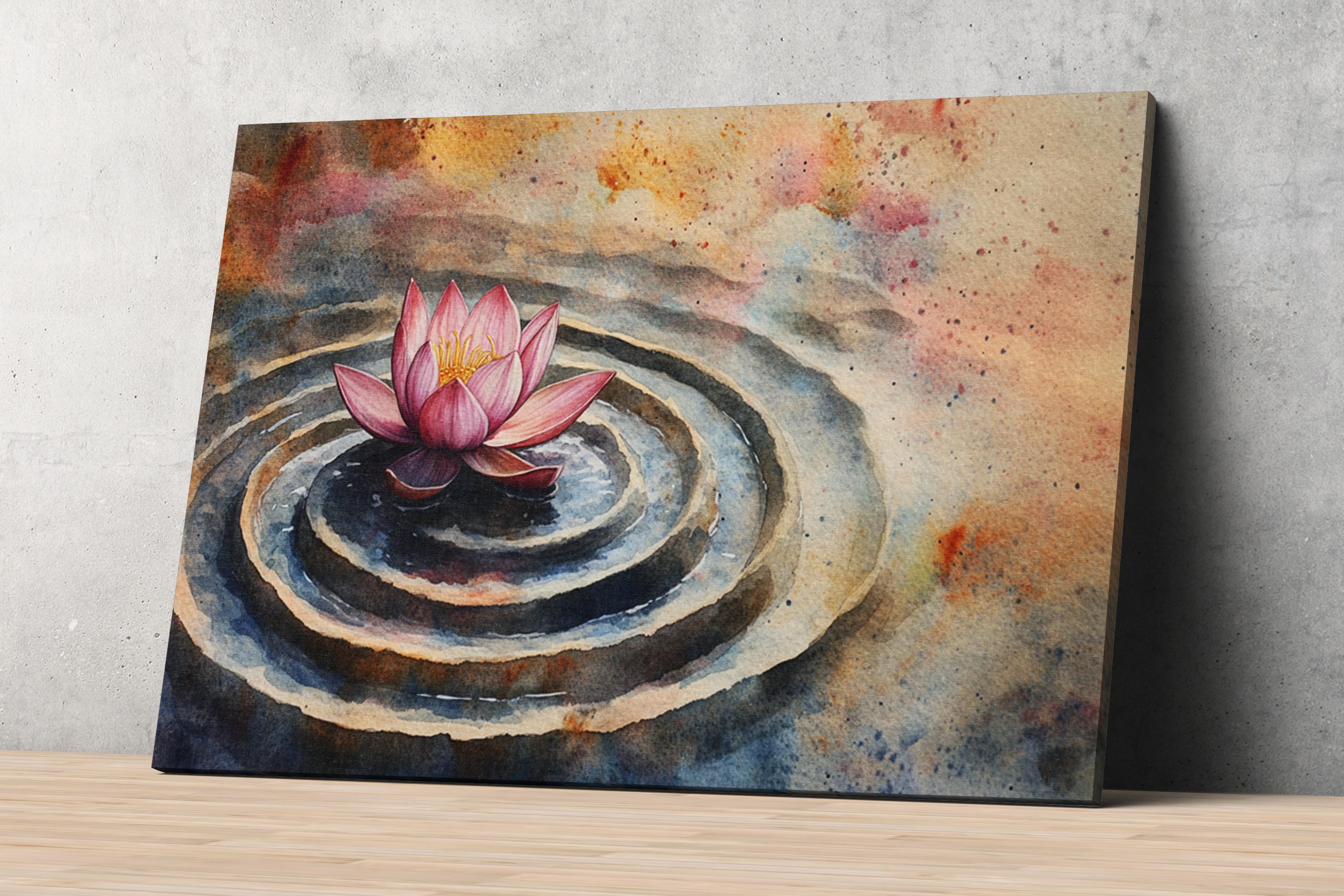 A watercolor painting depicting a pink lotus flower floating on a rippling surface, with concentric circles of water creating a sense of movement and tranquility.
