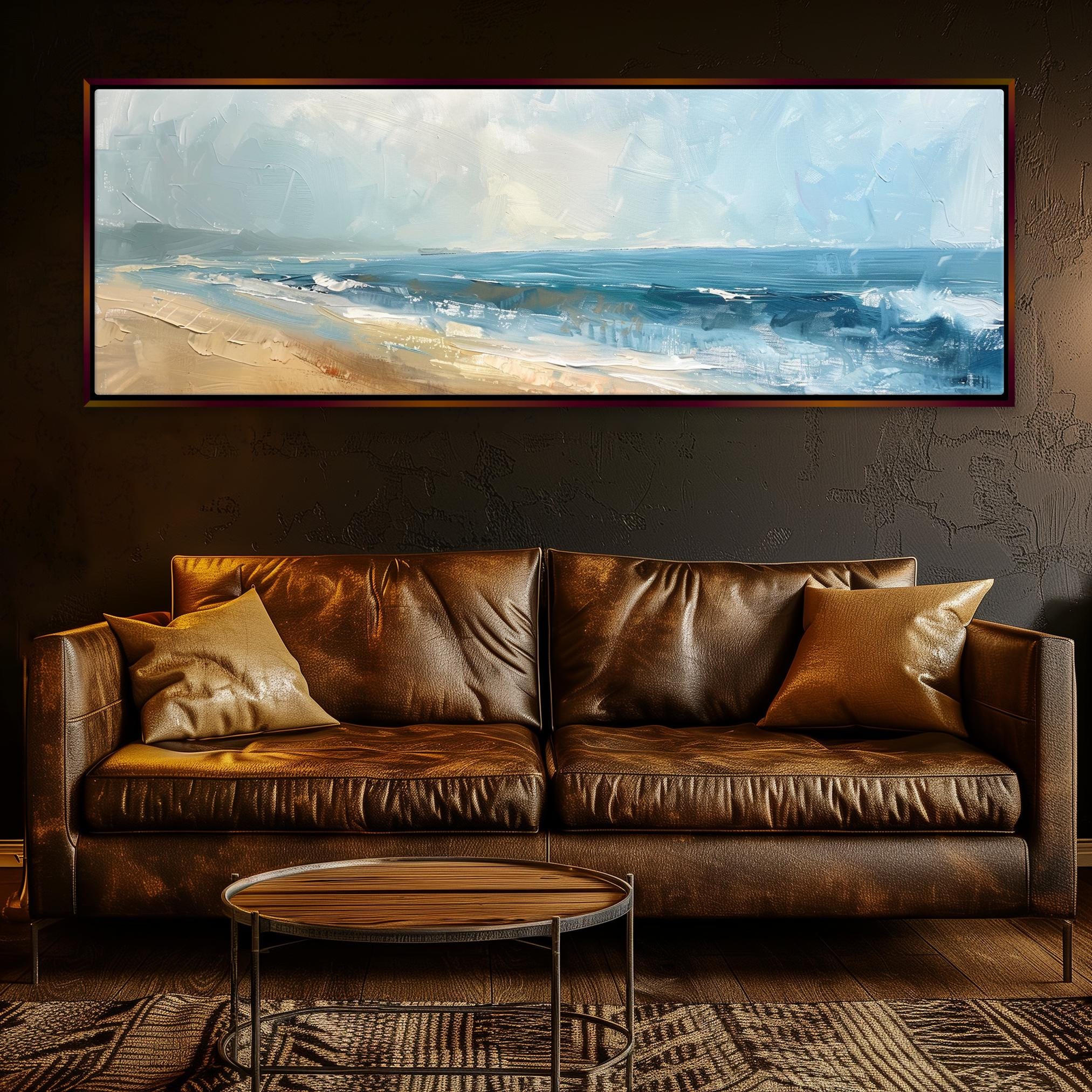 a living room with a couch and a painting on the wall
