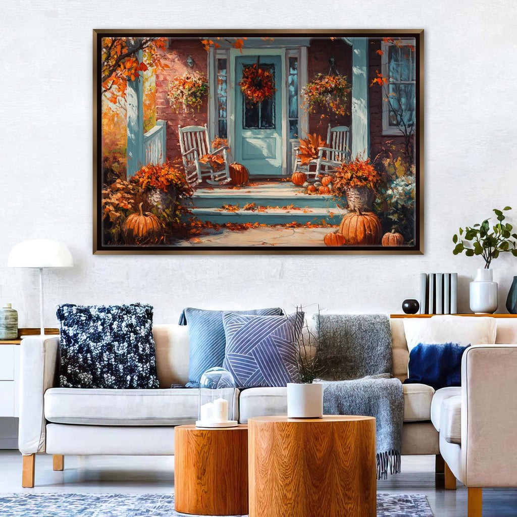 a cozy living room with a large painting of a house's front porch, featuring a blue door, white rocking chairs, and orange pumpkins. The room is decorated with a white sofa, wooden coffee table, and various plants and vases.