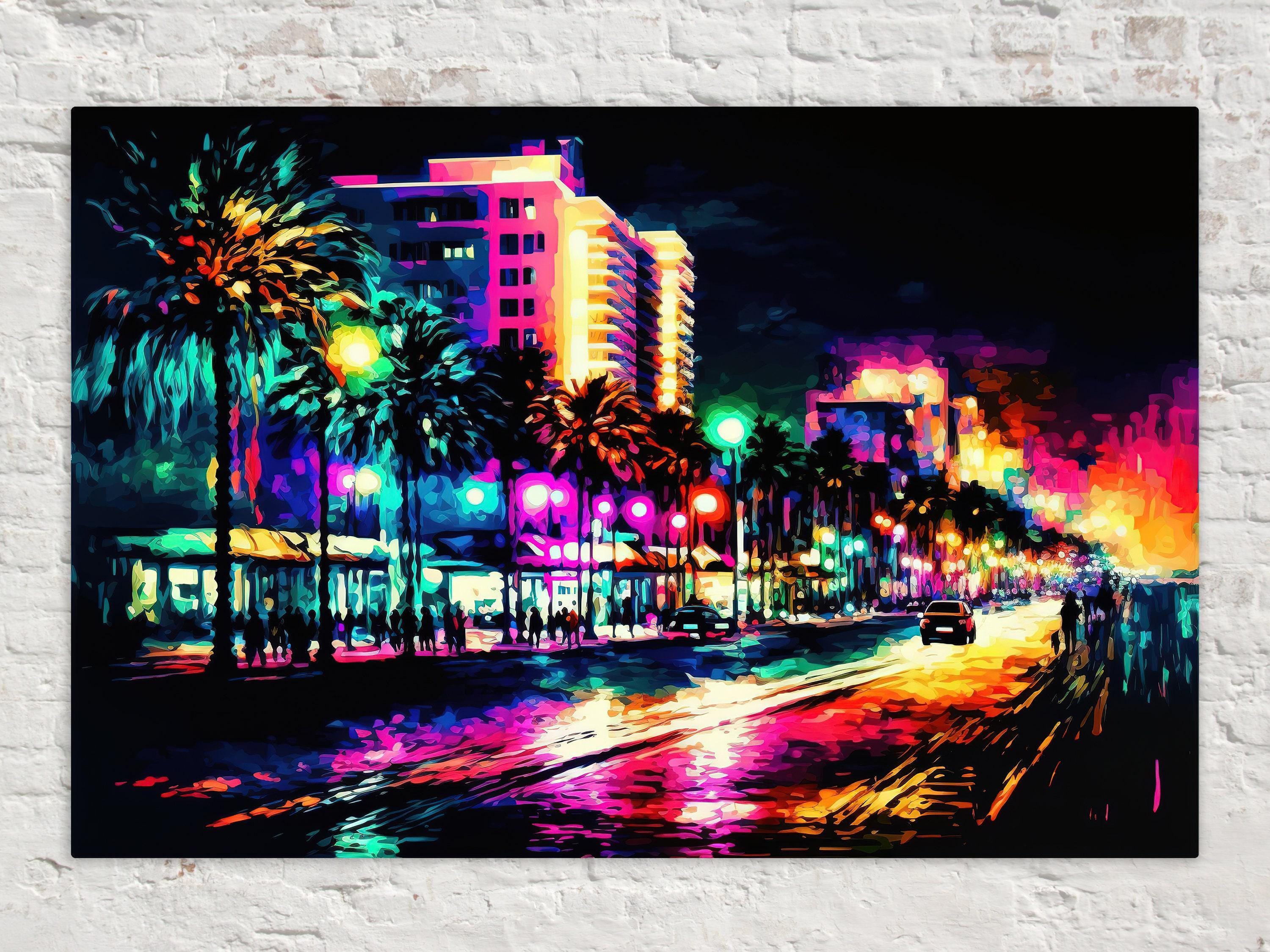 South Beach Canvas Art - Miami Skyline Art | Colorful Painting Print on Gallery-Ready Canvas