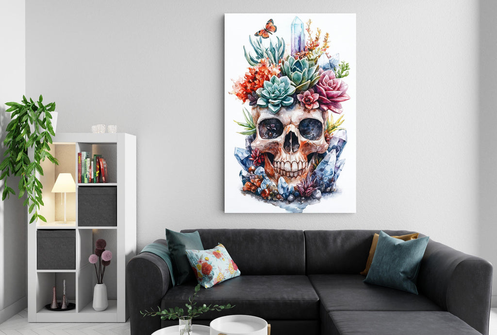 a living room with a black couch, a bookshelf, and a large wall art depicting a colorful skull surrounded by flowers and plants.