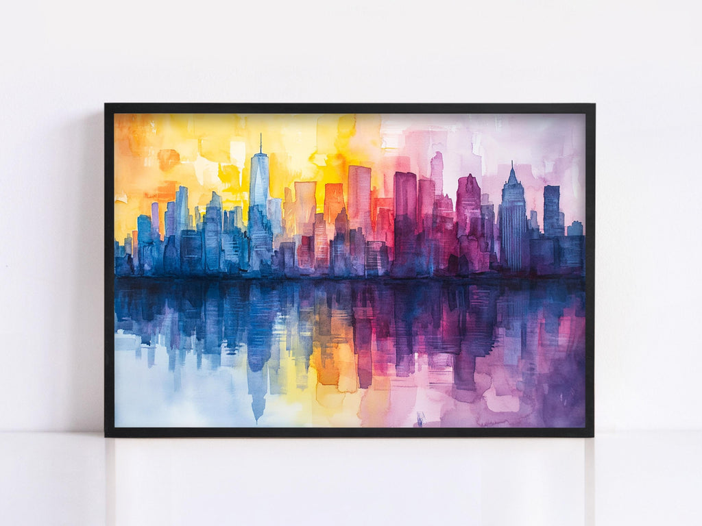 A framed watercolor painting depicting a vibrant cityscape with a reflection of the city skyline in the water below.