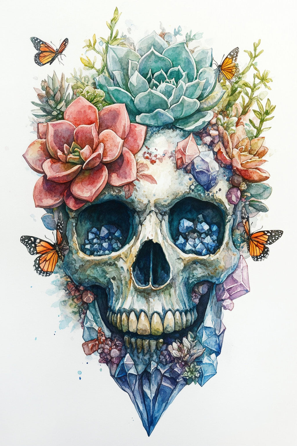 A colorful and intricate illustration of a skull adorned with various flowers, butterflies, and crystals, creating a visually striking and artistic composition.