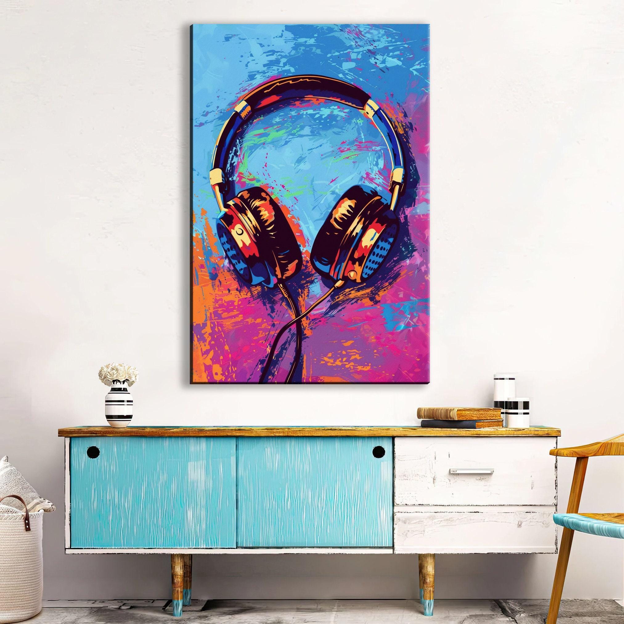 Colorful Pop Art - Retro Headphones Wall Art | Large Canvas Print, Music Lovers Gift