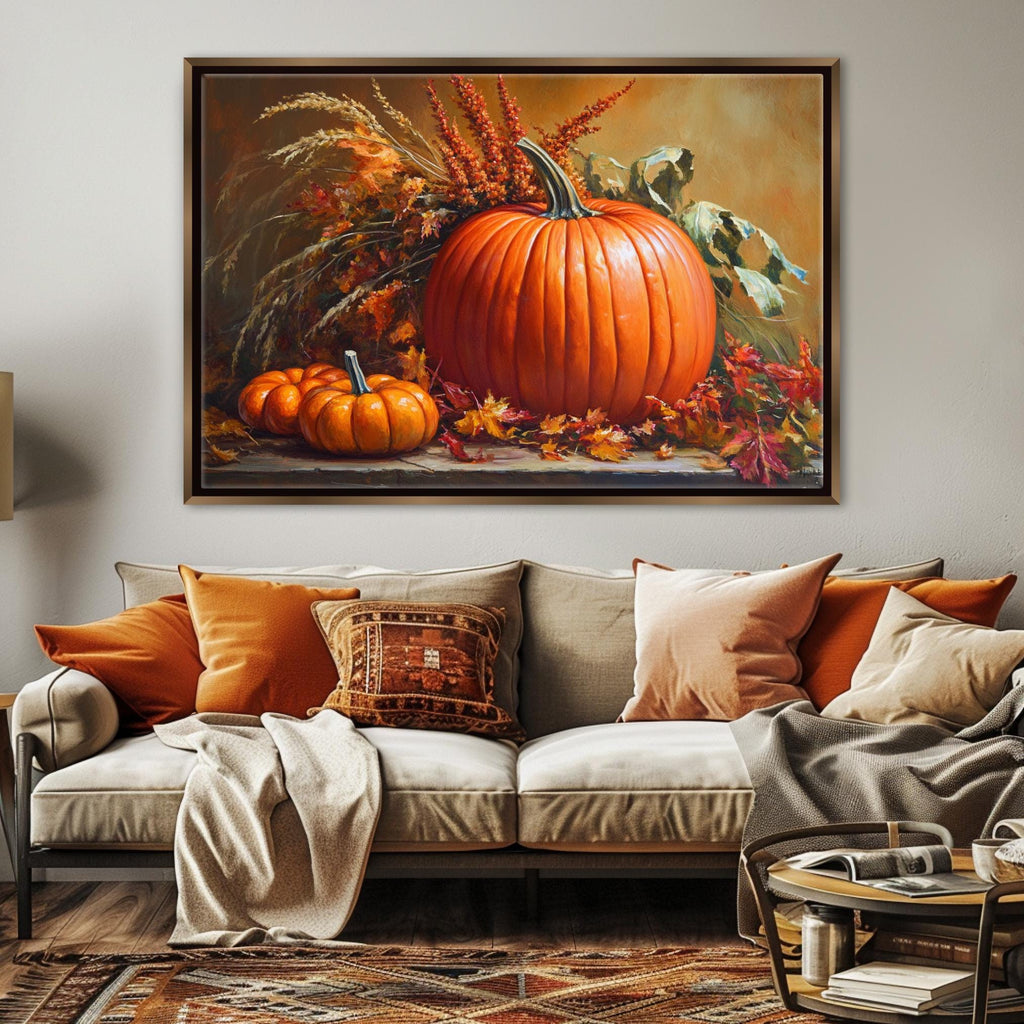 a large framed painting of pumpkins and autumn foliage hanging on a wall above a couch in a living room setting.