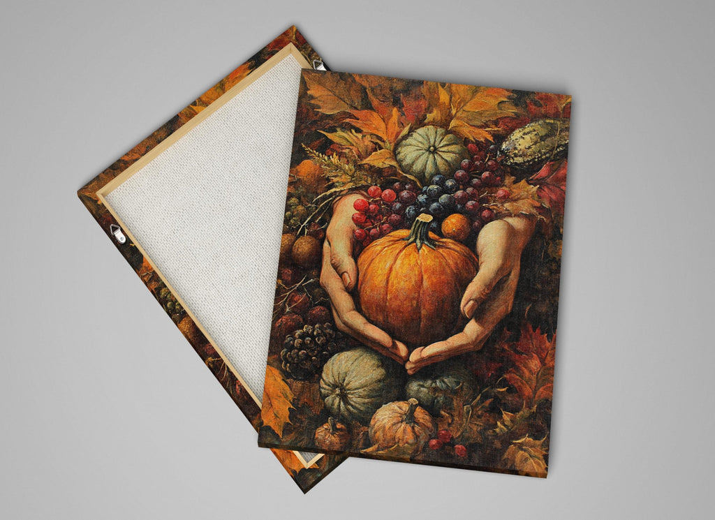 a pair of hands holding a large orange pumpkin, surrounded by various autumn fruits and vegetables such as grapes, apples, and pumpkins.