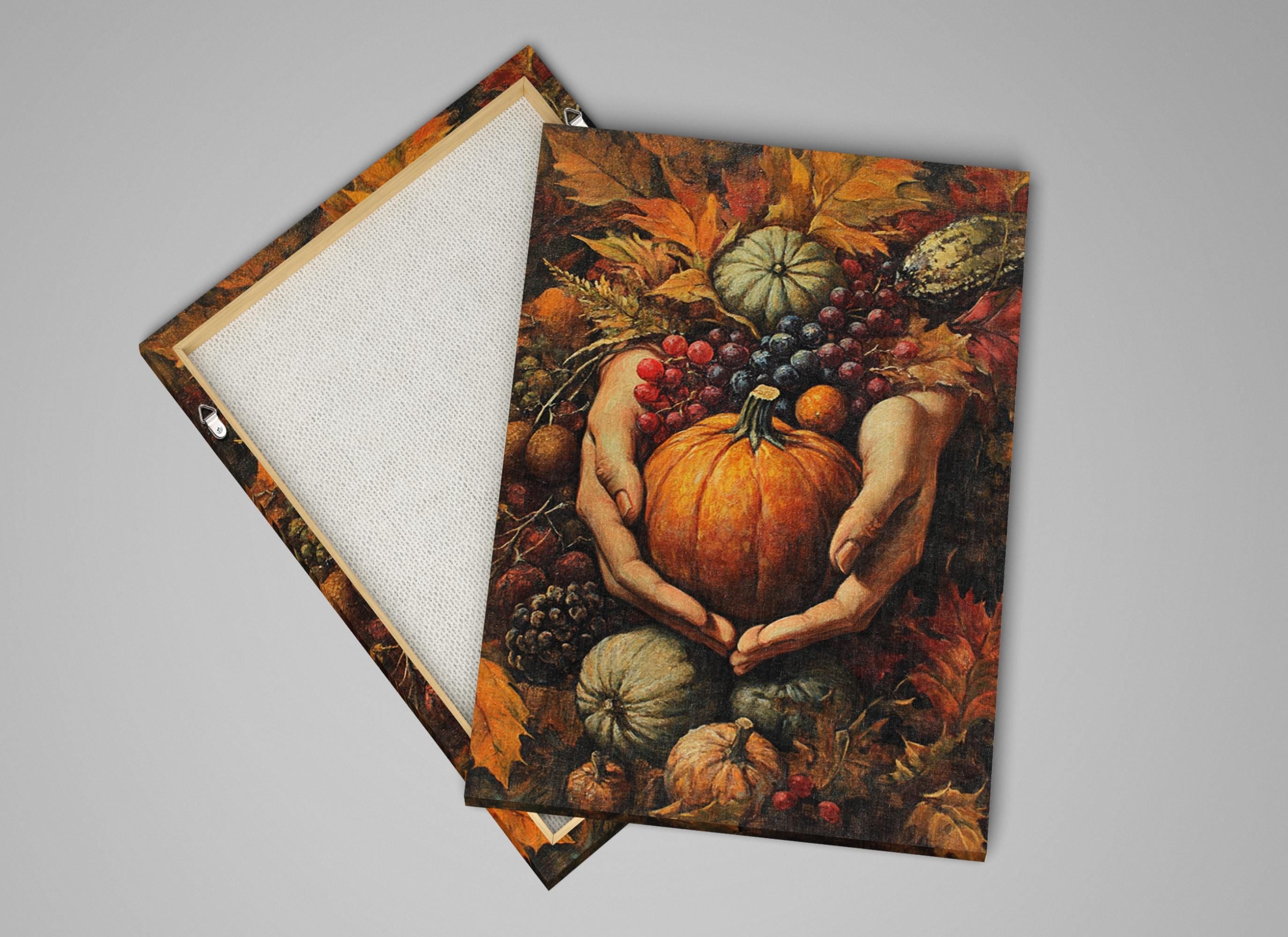 a pair of hands holding a large orange pumpkin, surrounded by various autumn fruits and vegetables such as grapes, apples, and pumpkins.