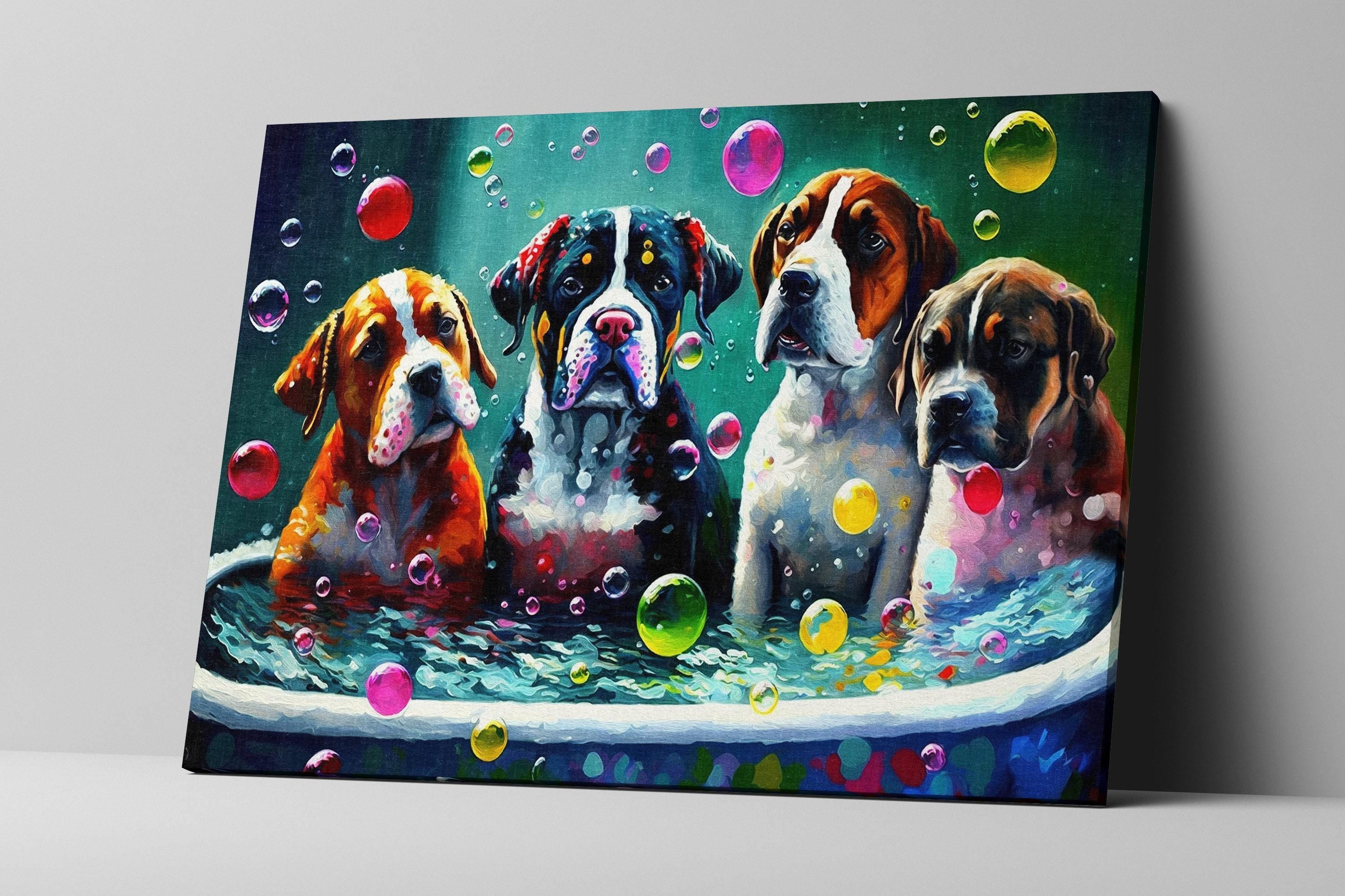 Dog Bath Canvas – Vibrant Colorful Dogs Playing Art on Gallery Ready Canvas