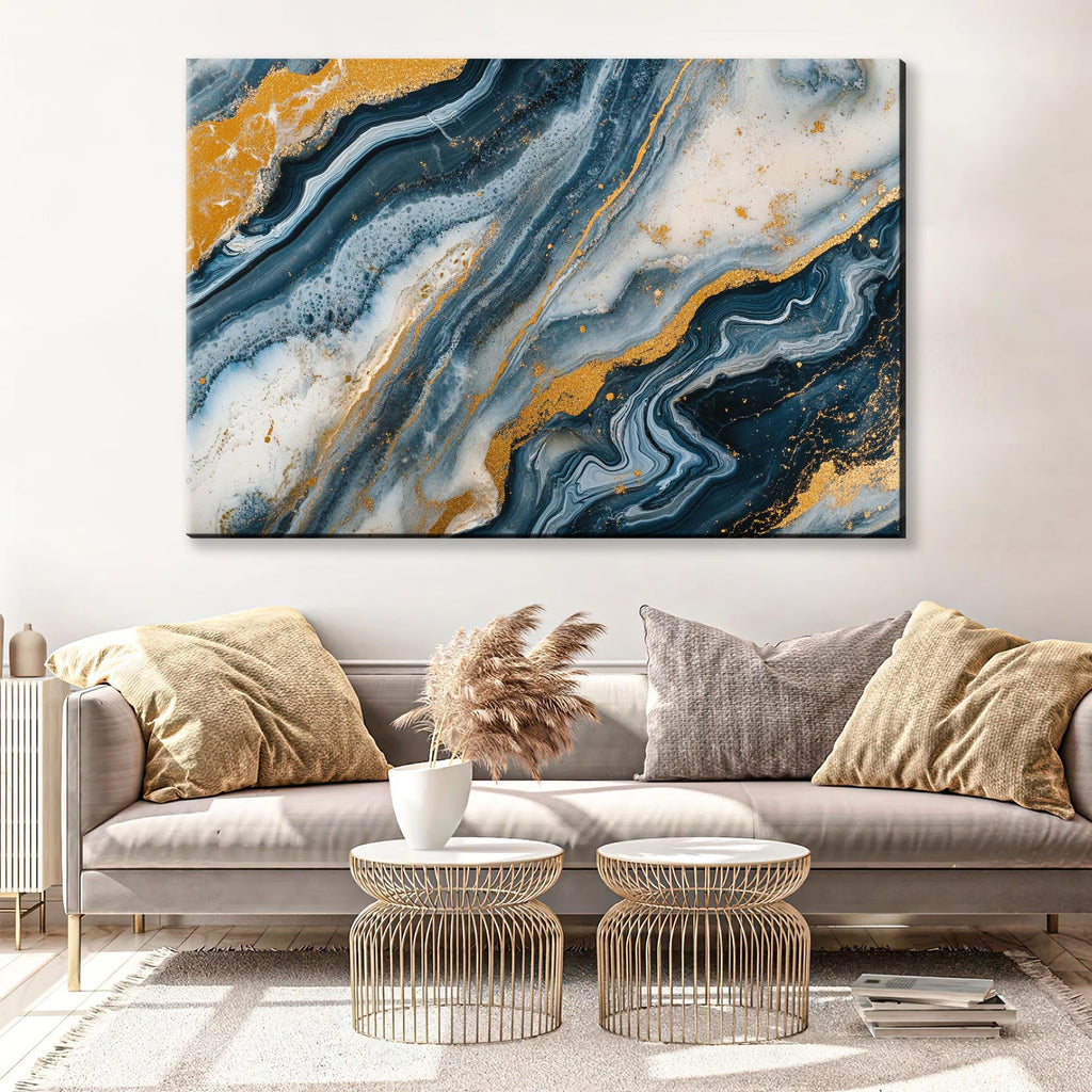 a living room with a couch and a painting on the wall