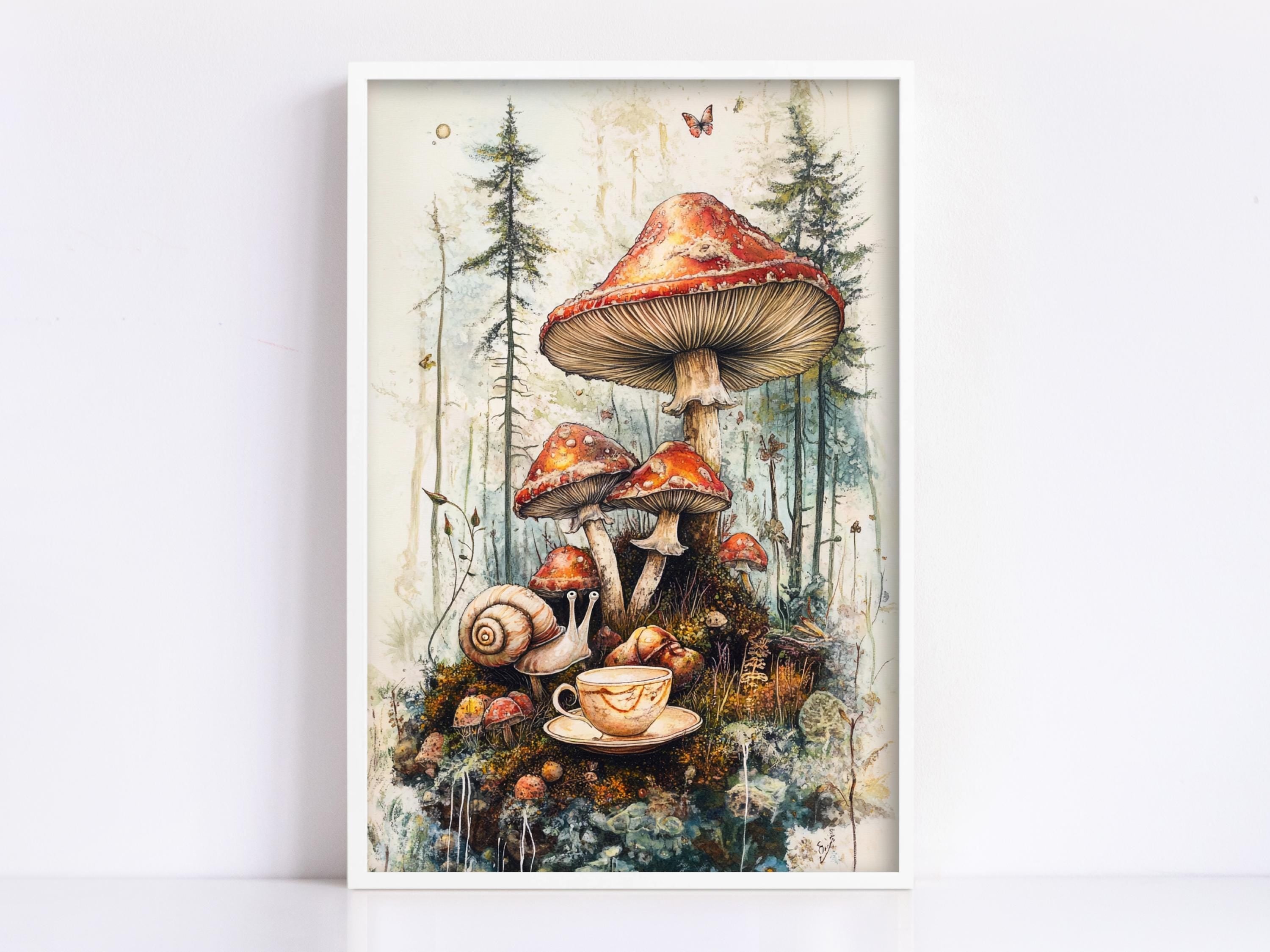 A framed illustration depicting a whimsical scene with a large red mushroom, two snails, and a teacup, set against a forest backdrop with pine trees and other mushrooms.