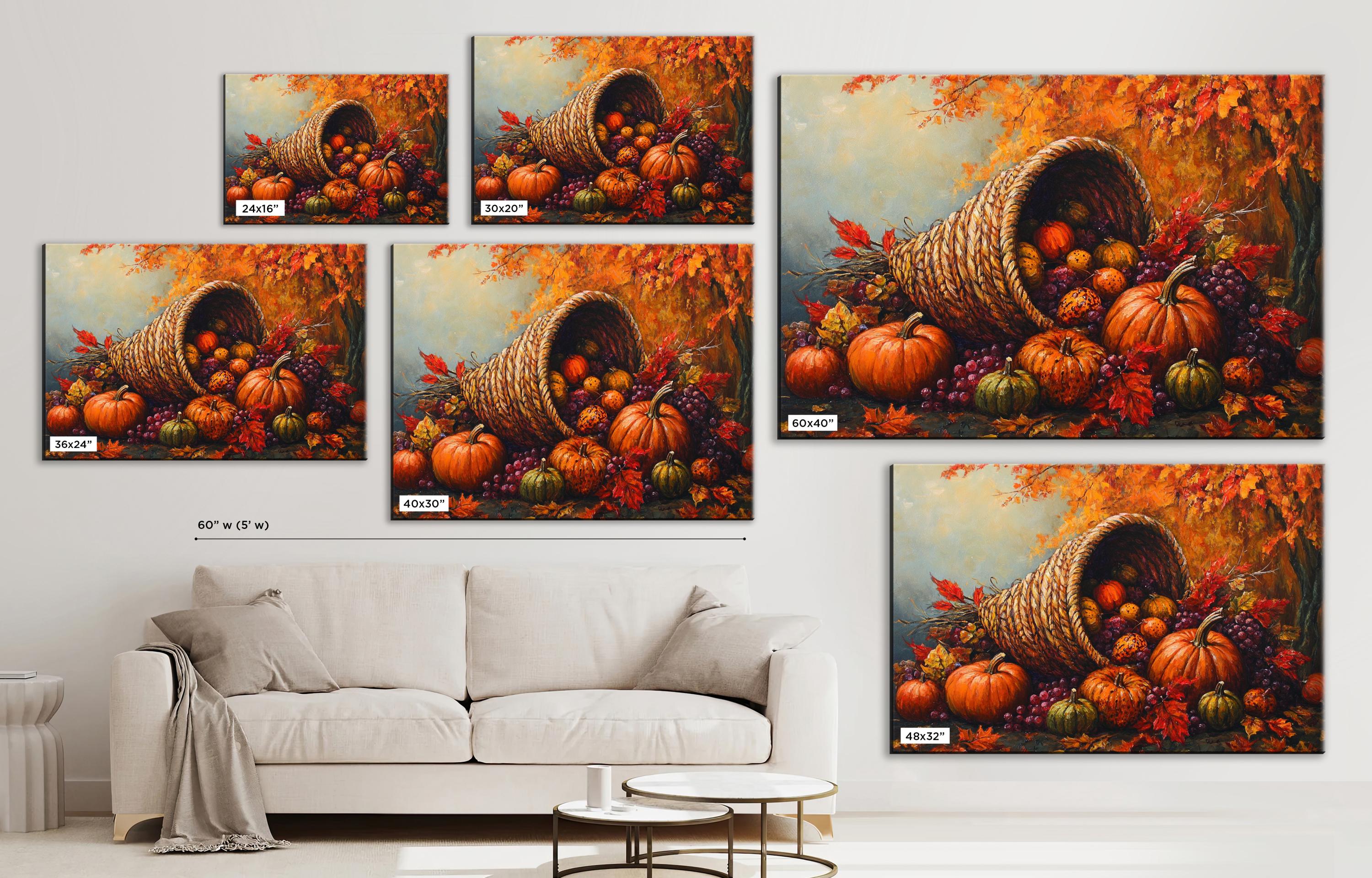 The image is a collage of five paintings depicting a fall scene with a large woven basket filled with various fruits, including pumpkins, apples, and grapes. The paintings are arranged on a wall, with a white couch in the foreground and a coffee table in the background.