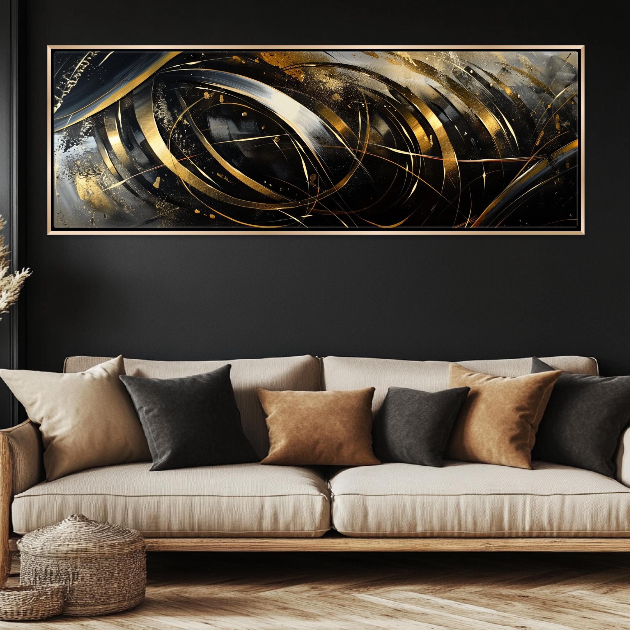 a living room with a couch and a painting on the wall