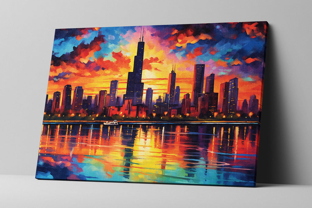 Chicago Skyline Canvas – Vibrant Cityscape Wall Art with Large Night Skyline Art