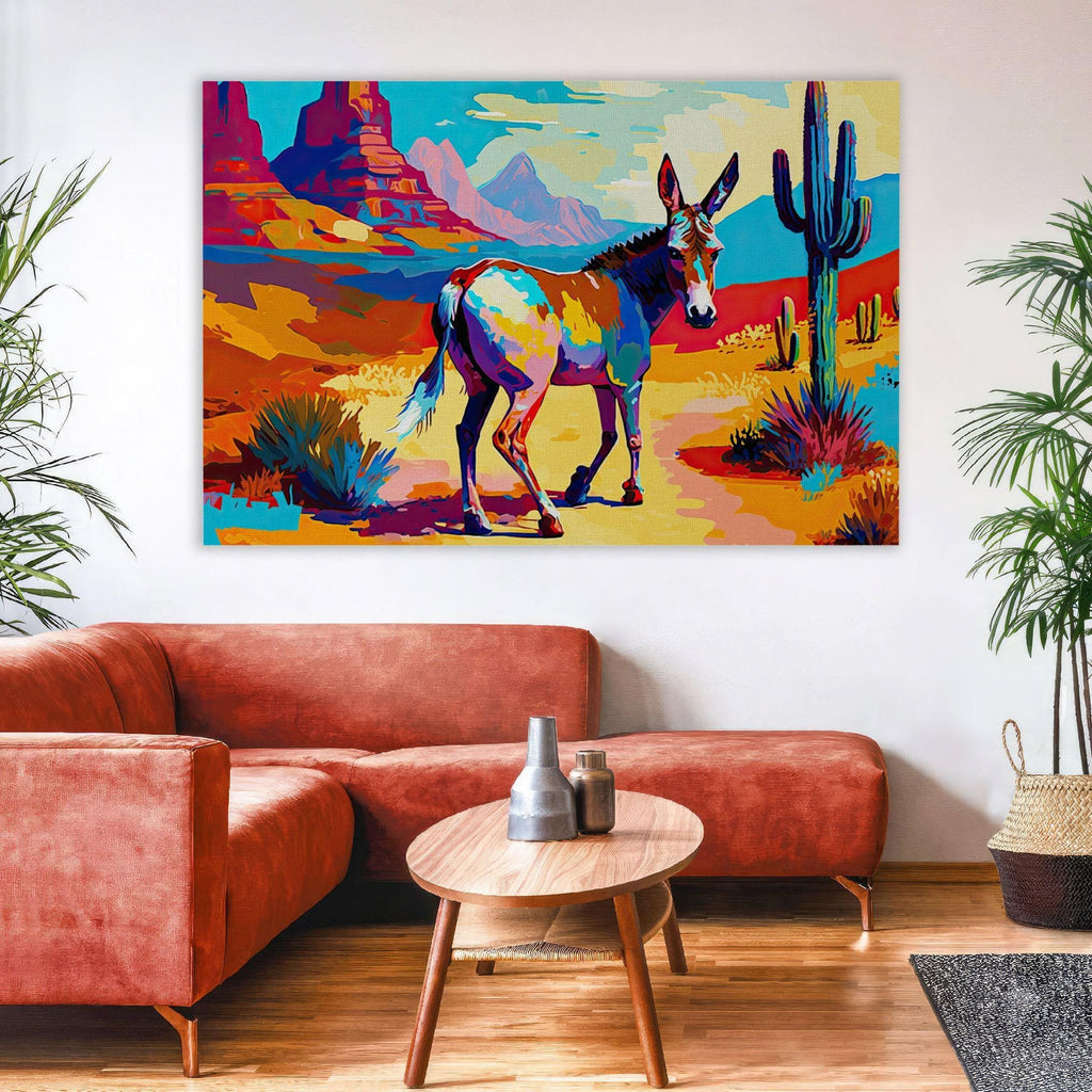 a vibrant painting of a donkey in a desert landscape, hanging on a wall above a red sofa and a wooden coffee table.